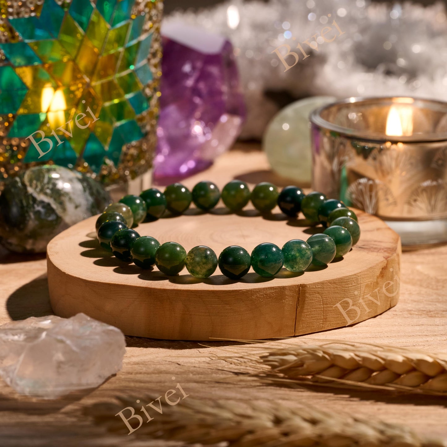 Moss Agate - Growth - 8mm Beaded Bracelets for Women Handmade Semi Precious Natural Stone Stretch Elastic Jewelry Yoga Protection Gifts