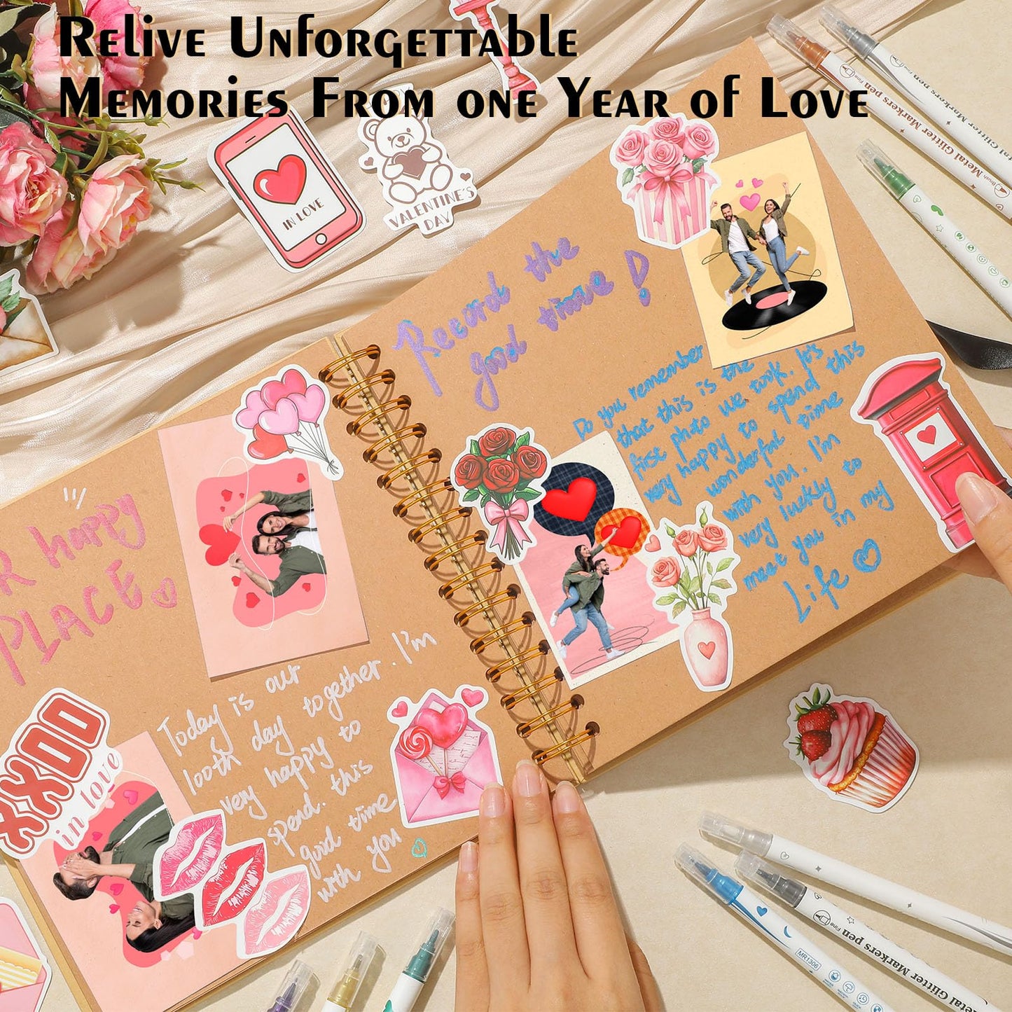 Epakh Valentine Scrapbook 1 Year Gift for Her Our First Chapter Anniversary Scrap Book Supply Souvenir Memory Book DIY Kit Gift 8.3" for Galentine Wedding Birthday Anniversary Journaling Accessory
