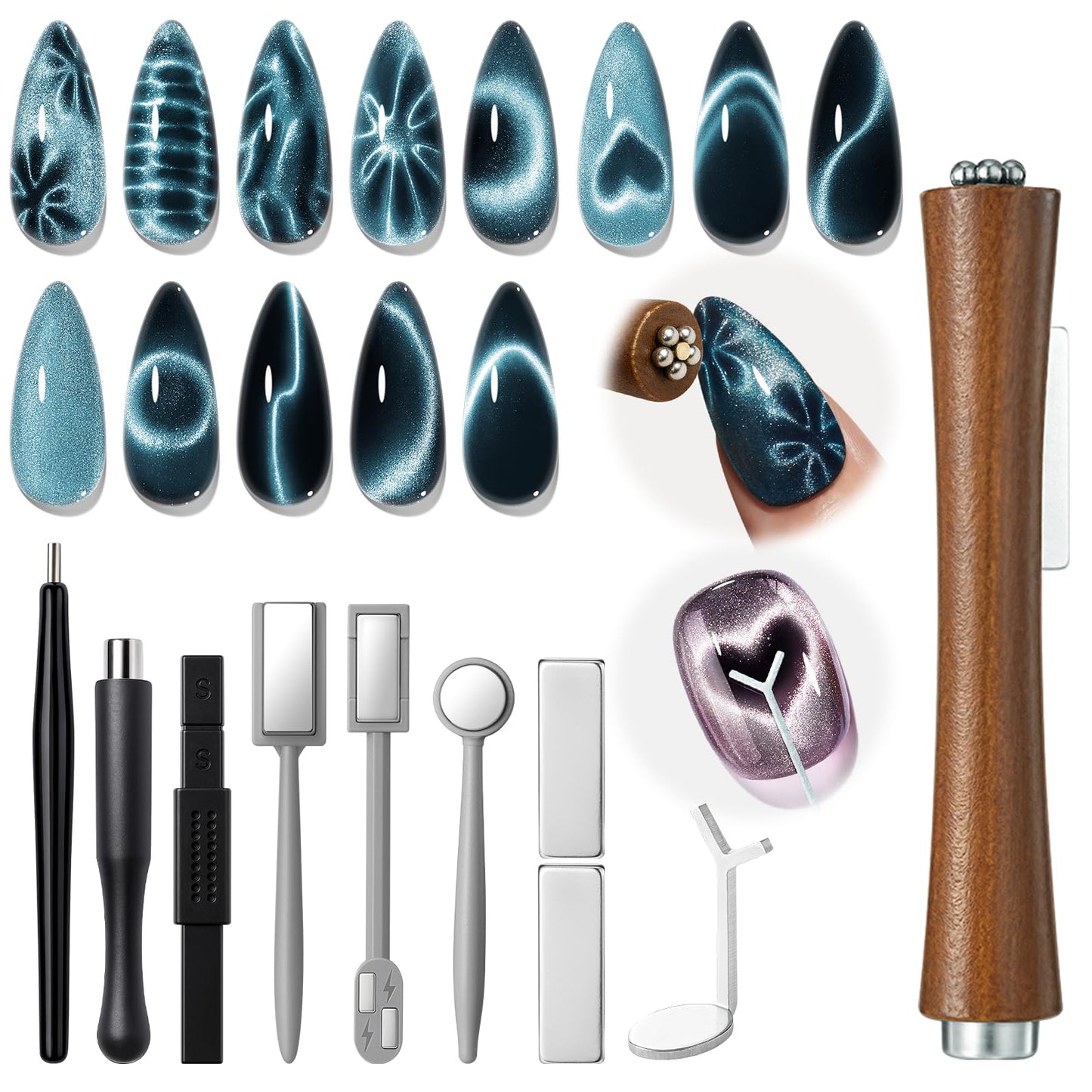 modelones Cat Eye Magnet Set, Heart French Cateye Gel Polish Nail Tools Kit Dual-Head 3 IN One Magnets Pen Heart Round Square Flower Glassy Moon Multi Effect Nail Art Designs Home DIY Salon Use