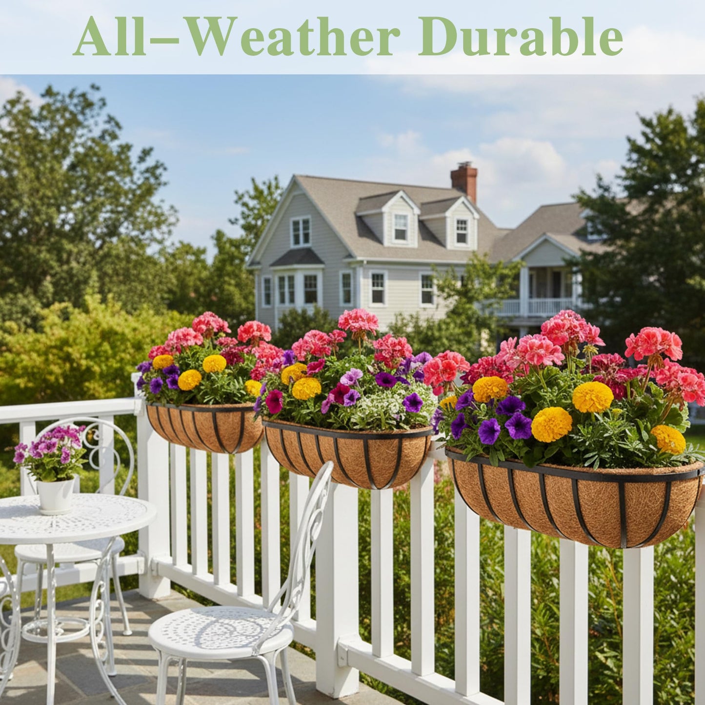 EIMQUVW 30 Inch Railing Planter Window Box Deck Balcony Rail Planter with Coco Liner Metal Wall-Mounted Coconut Liner Basket English Horse Trough for Outdoor Balcony Porch Fence Patio (2 Pack)