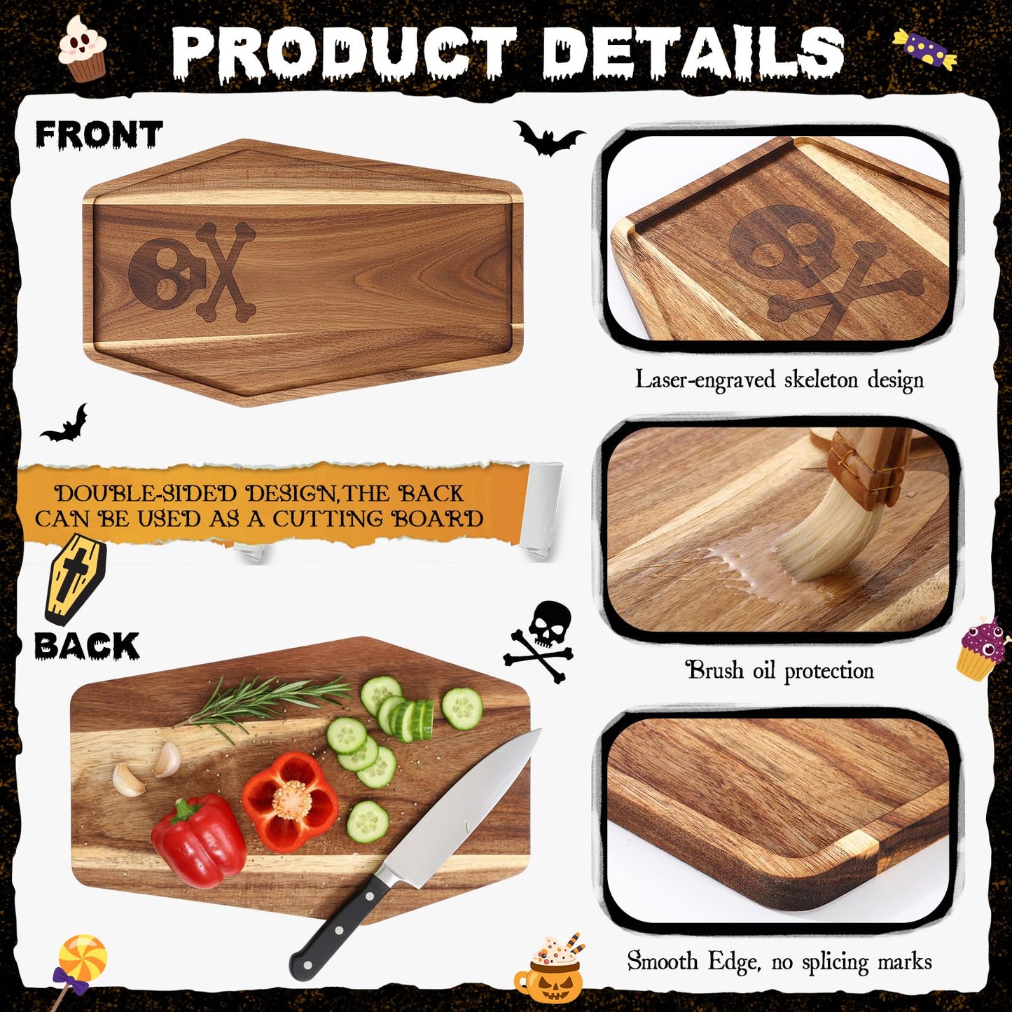 Potchen Coffin Charcuterie Boards Wooden Funny Cutting Board 12.6 x 15.7inch Acacia Wood Boards Cute Serving Tray for Fruit Bread Salad Vegetables Snack Dessert