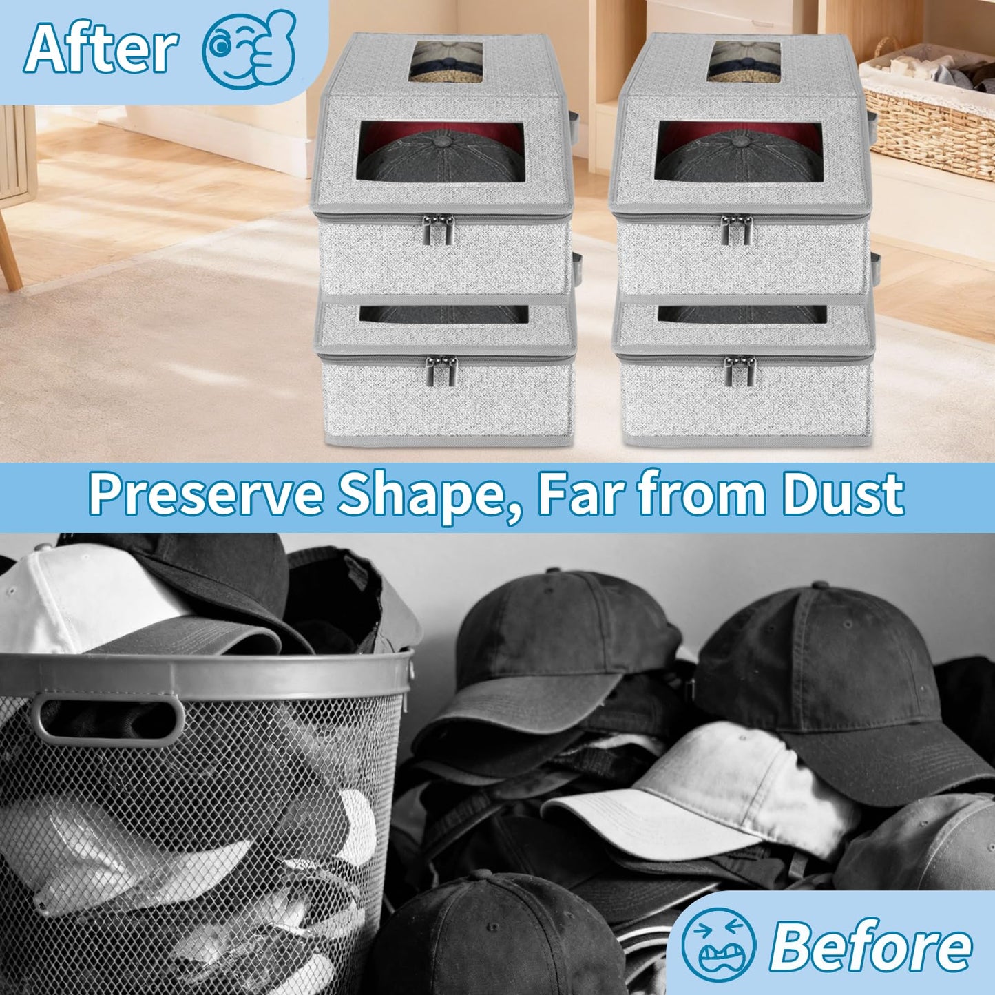 2 Pack Hat Storage Boxes for Baseball Caps - Stackable Clear Hat Organizer Box with Window Lid, Dustproof Closet Hat Case for 20-30 Caps, Large Foldable Ball Cap Storage Organizer for Men & Women