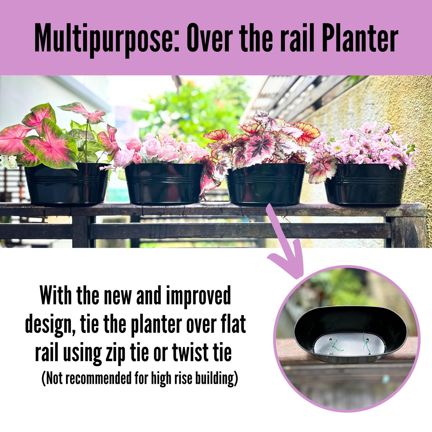 LaLaGreen Outdoor Plants Rail Planter (16 Inch, 6 Pack) Black Metal Iron Hanging Flower Pots Deck Railings Fence Buckets Modern Boho Style Wall Mount Window Boxes Plant Holder Hooks Porch Home Decor