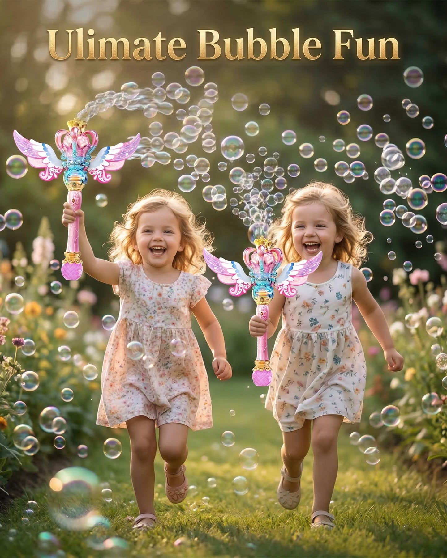 Uregoio Princess Bubble Wand for Girls - Rechargeable Spinning Light Up Magic Fairy Scepter Bubble Machine Toy with 12 Bubble Refills & Music, Easter Birthday Gift for Kids Toddlers Age 3-8 (Pink)