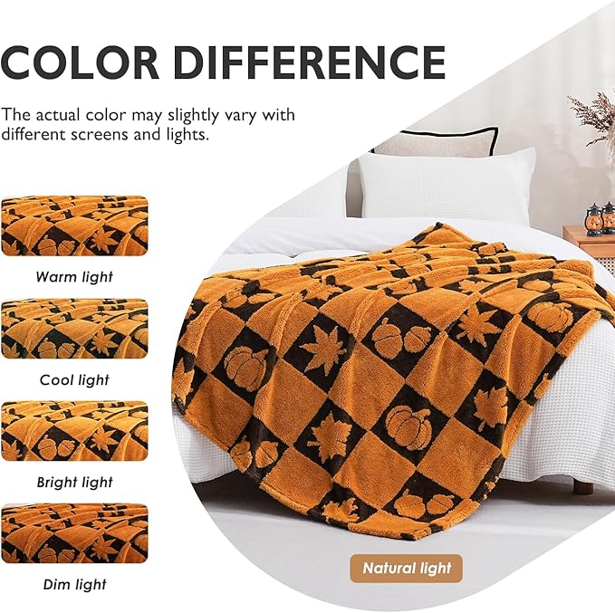 SOCHOW Fall Decor Jacquard Throw Blanket, Fuzzy Soft Warm Pumpkin Maple Leaves Plaid Autumn Checkered Blanket for Couch, Sofa and Bed, 50 x 60 Inches, Orange/Black