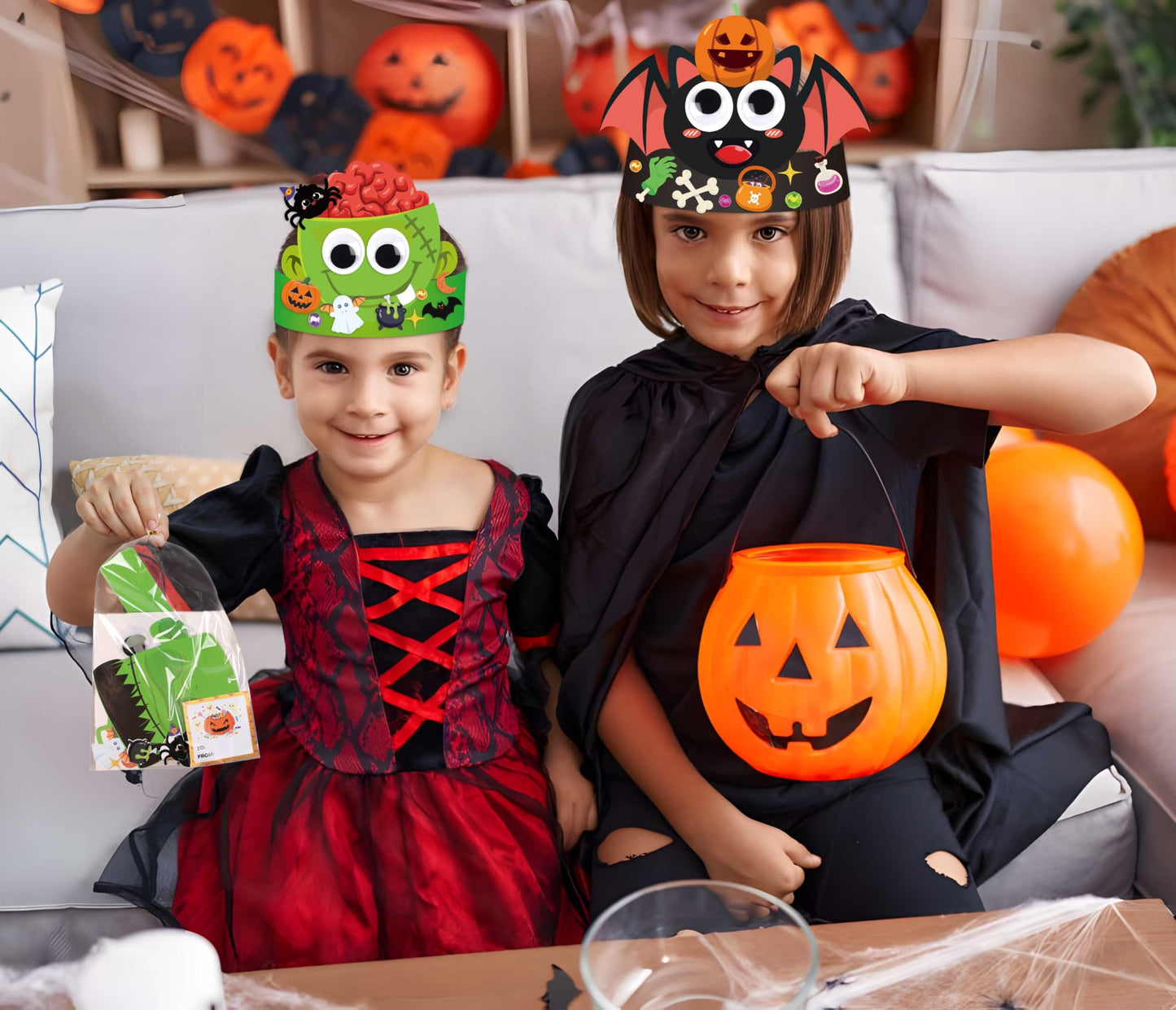 Eternity sky 30 Sets Halloween Crafts - DIY Headbands Paper Crown Hat Art Kit Set with Stickers for Party Favors