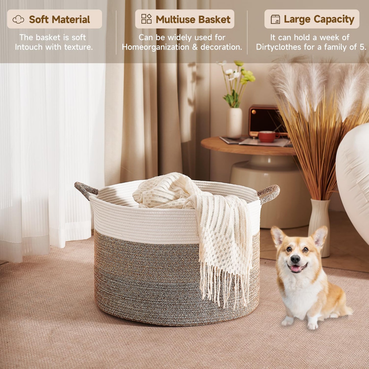 CLHMILY&Z Round Cotton Rope Storage Basket - 22x14.2 Inches - Stylish Nursery Storage Bin, Baby Toy Organizer, Soft Cotton Basket for Home Decor, Multi-Purpose Storage Solution