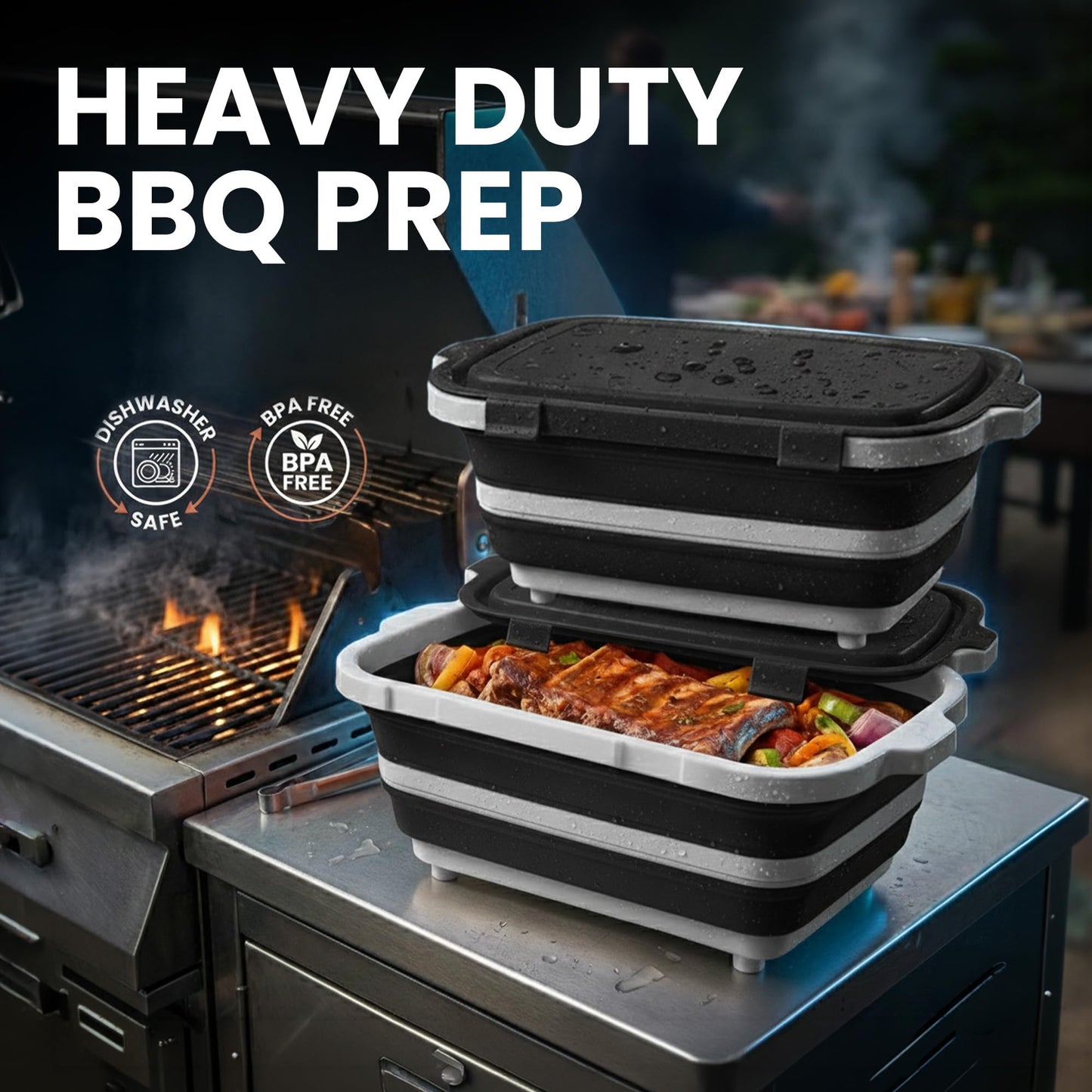 Havenity BBQ Prep Tub 2 Pack (8L+8L) - Multifunctional Collapsible Camping Cutting Board with Upgraded Locking lid, Meal Prep Meat Storage Container Perfect for Grilling, Outdoor Cooking (Large x 2)