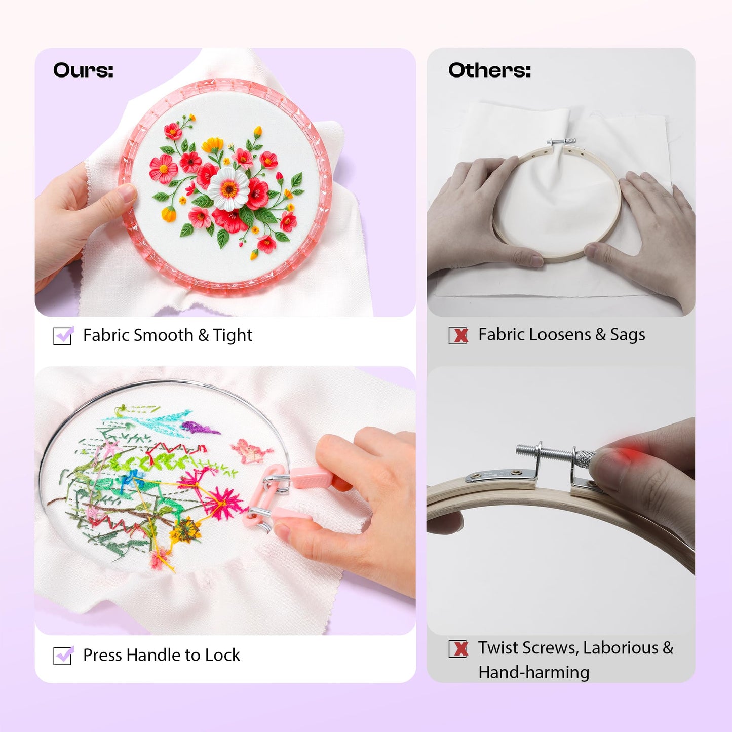 Caydo Metal Spring Tension Embroidery Hoops for DIY Embroidery Project, 2 Sizes Cross Stitch Hoops with Metal Ring, Pink Round Darning Hoops for Art Craft Sewing & Home Ornaments (6 Inch, 8 Inch)