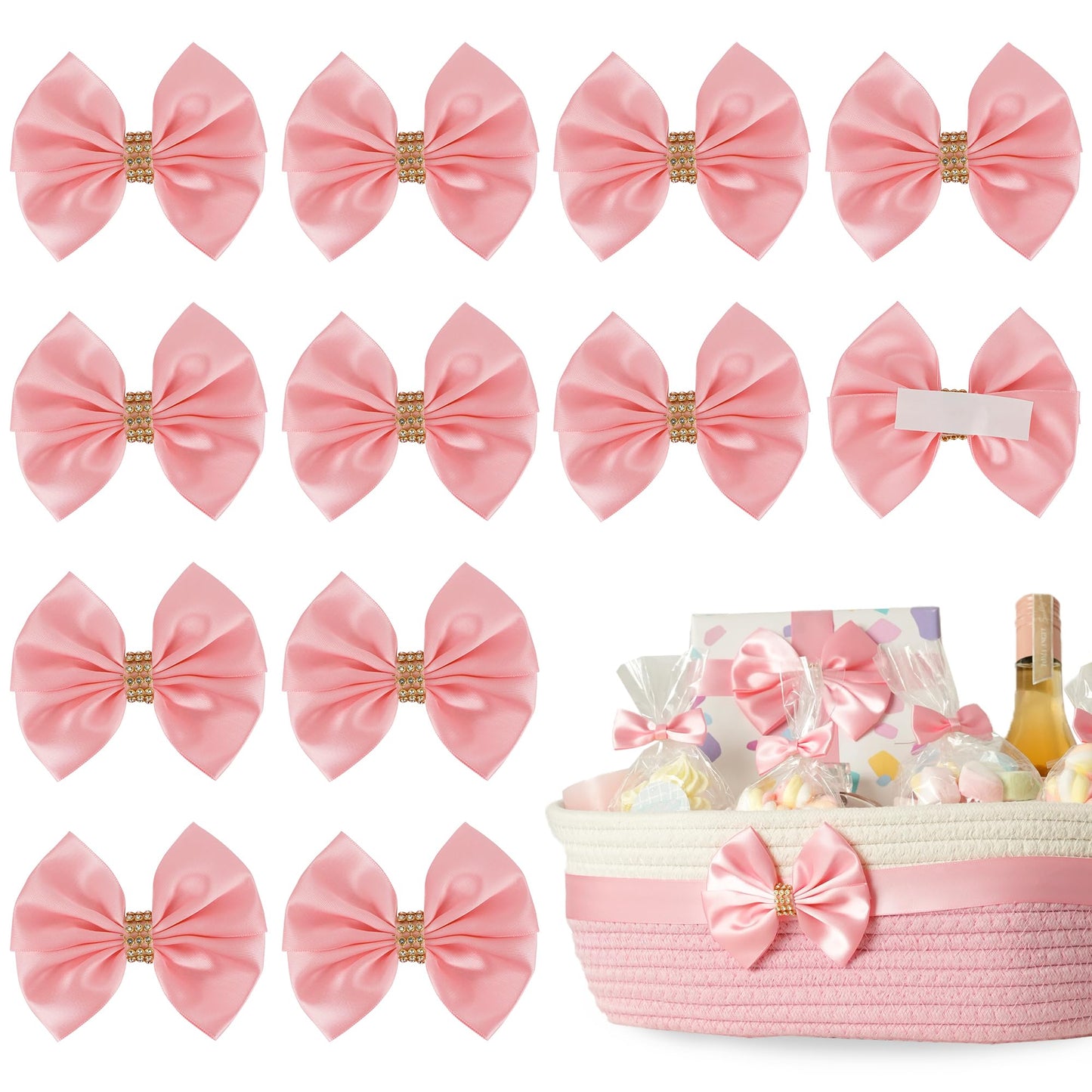 LiBongTa Pink Satin Bows 12 PCS Premade Self Adhesive 3.5" Gift Bows with Rhinestone for Wedding Party Event Decor Gift Wrapping Craft Baby Shower Wedding Treat Bags Presents Making Greeting