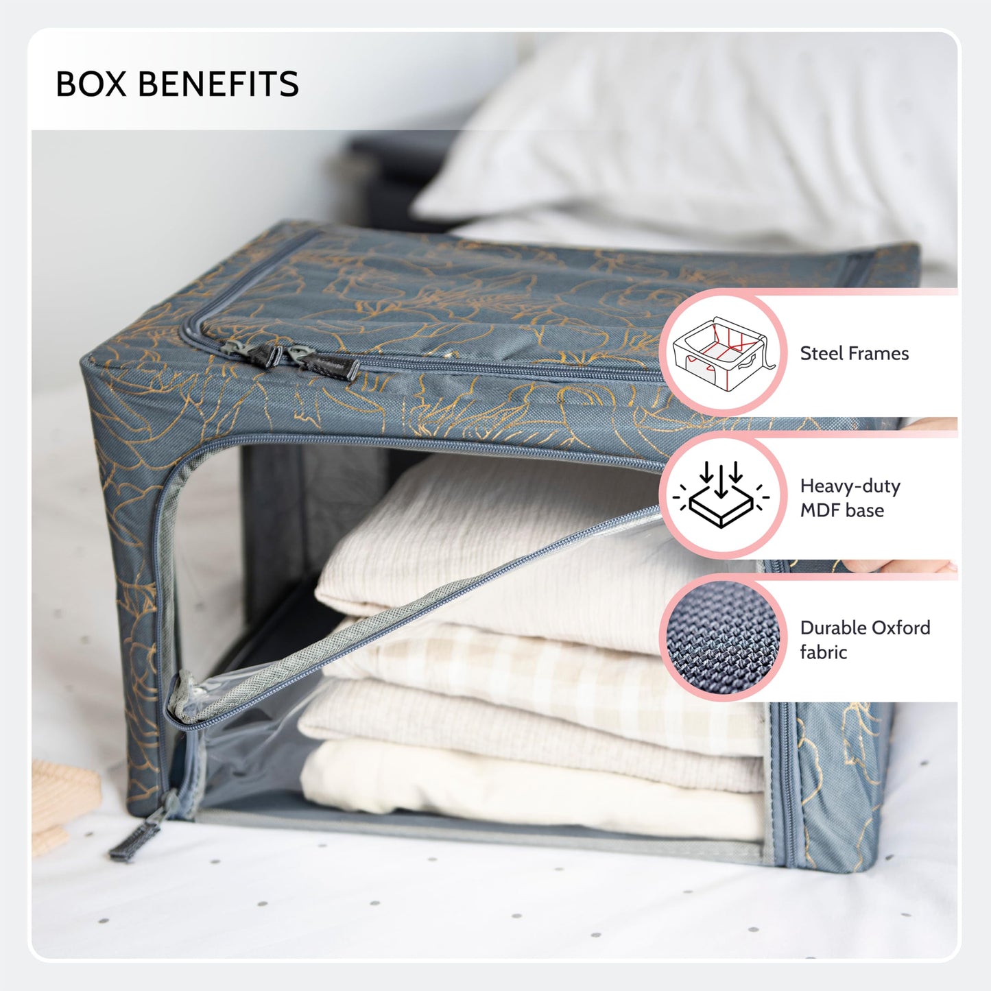 Periea 'Beau' Foldable Stackable Fabric Home Storage Boxes with Steel Frames - Set of 2 (Gold Leopard, Small)