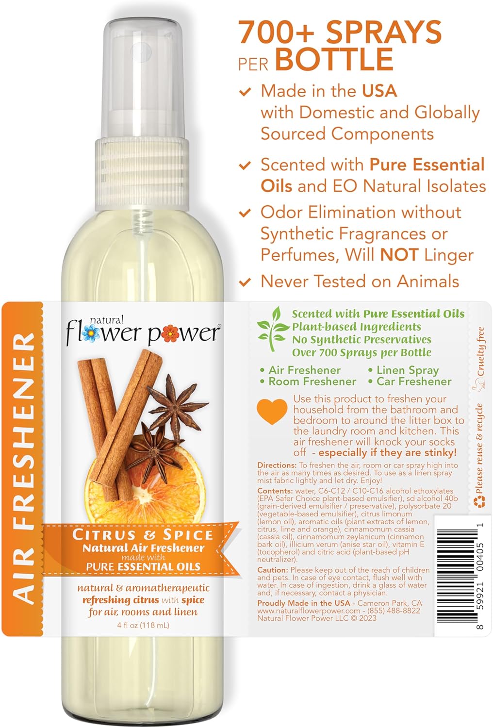 Air Freshener Spray - Odor Eliminator w/Essential Oils - Home, Car & Fabric - Cruelty Free & Vegan - 3 - Citrus & Spice - 3 x 4 fl oz