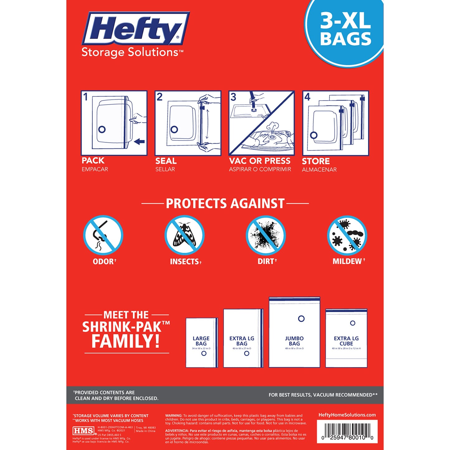 Hefty Shrink-Pak - 3 Extra Large Vacuum Storage Bags for Clothes, Pillows, Towels, or Blankets - Space Saver Vacuum Sealer Bags Ideal Under Bed Storage Solutions