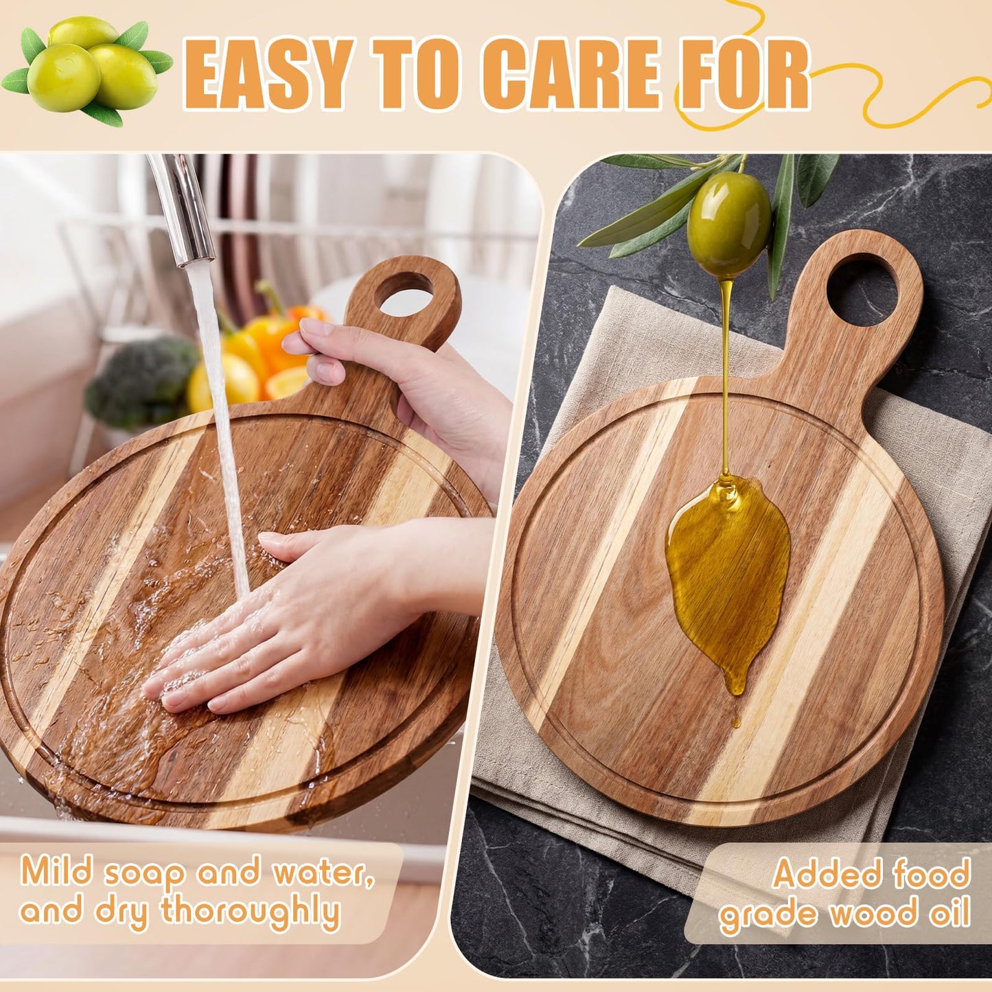 Yiyiring 10 Pcs Acacia Wood Cutting Board with Handle Bulk 15.8 x 11.4'' Round Charcuterie Chopping Board for Pizza Cheese Meat Decorative Natural Wooden Serving Tray for Kitchen and Dining Room