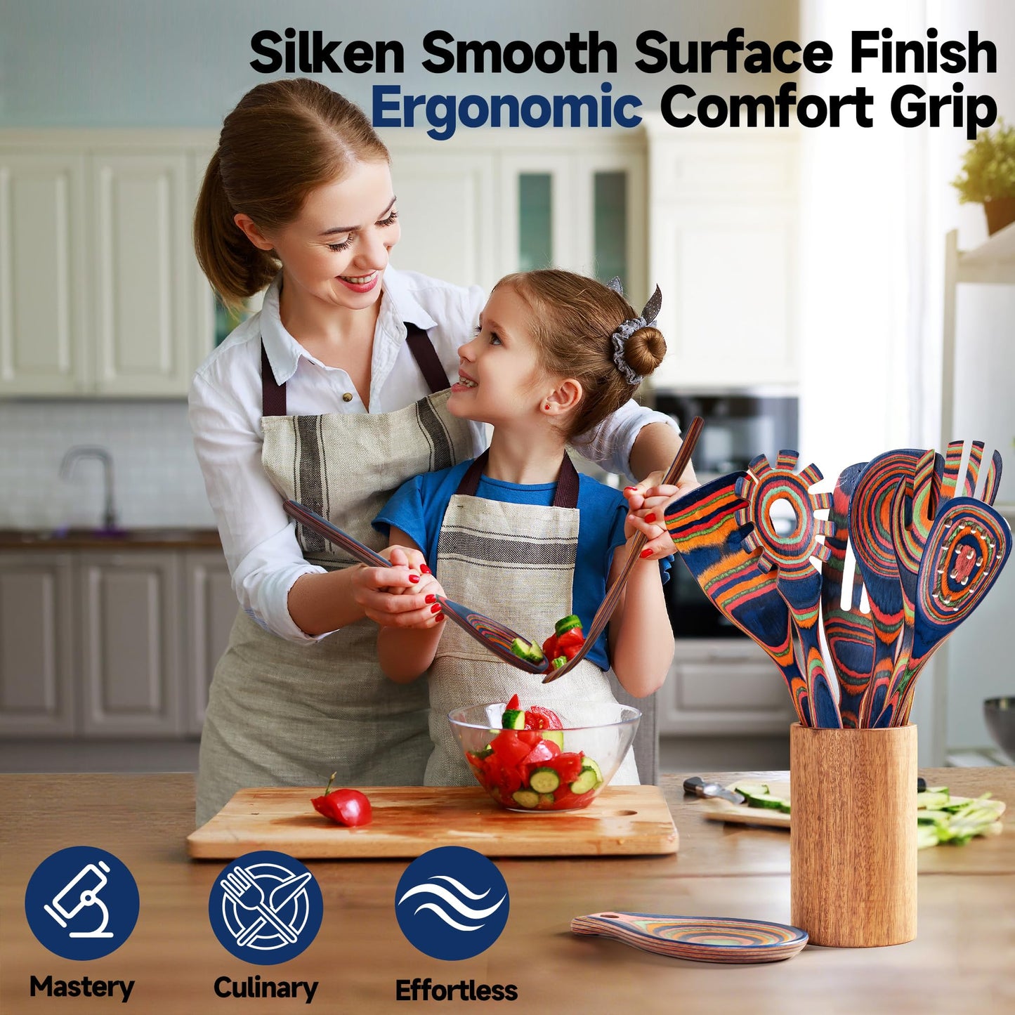 Pakkawood Blue Wooden Kitchen Utensil Set, 7-Piece Cooking Spoons, Non-Stick Colorful Serving Tools with Decorative Pattern