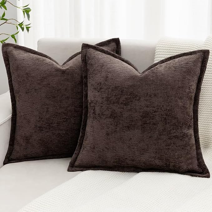 Brown Decorative Throw Pillow Covers 16x16 Inch Set of 2 Cozy Soild Chenille Cushion Cases Soft Textured Square Couch Pillows Cover Boho Accent Farmhouse Pillowcases for Sofa Bed