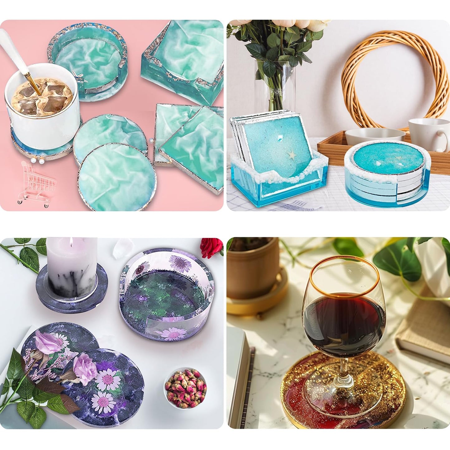 15 Pcs Coaster Resin Molds Silicone,Mold for Epoxy Resin Coaster Molds with Round Square Shape Holder Mold for Epoxy, for DIY Art Craft Cup Mats
