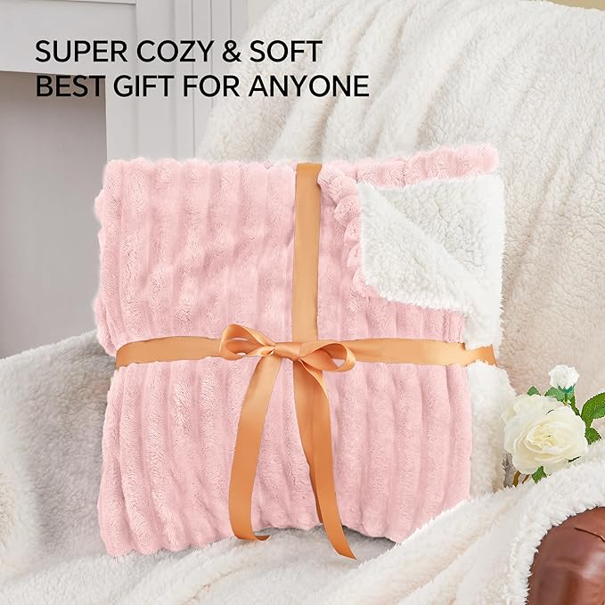 INFIIXSO Sherpa Throw Blanket for Couch - Super Soft & Warm Striped Fleece Blanket, Cozy Plush Fluffy Blanket All Season Use (Pink, 50x60 Inches)