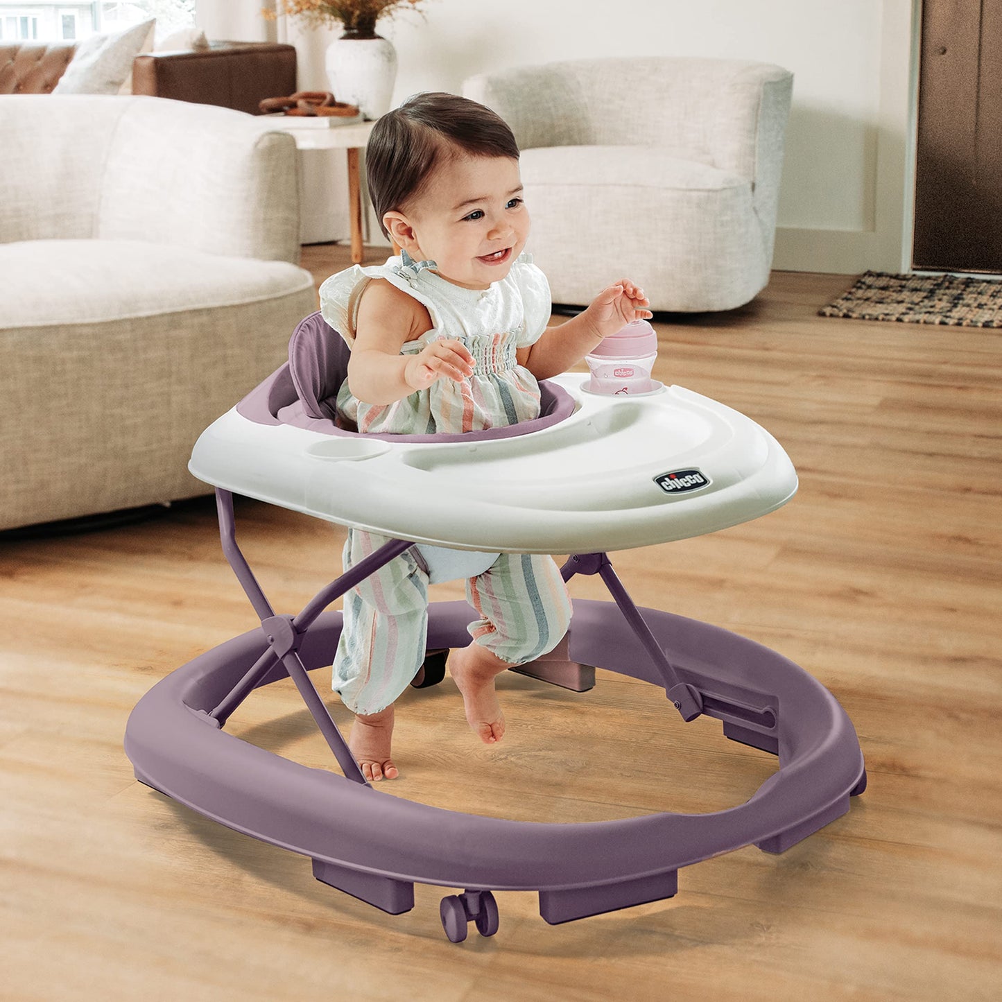 Chicco Mod Walker Foldable Infant Walker, 3 Height Adjustments, BPA-Free Tray with 2 Cup Holders, Brake Pads, for Children up to 26 lbs., Space-Saving Compact Fold, Lavender/Purple