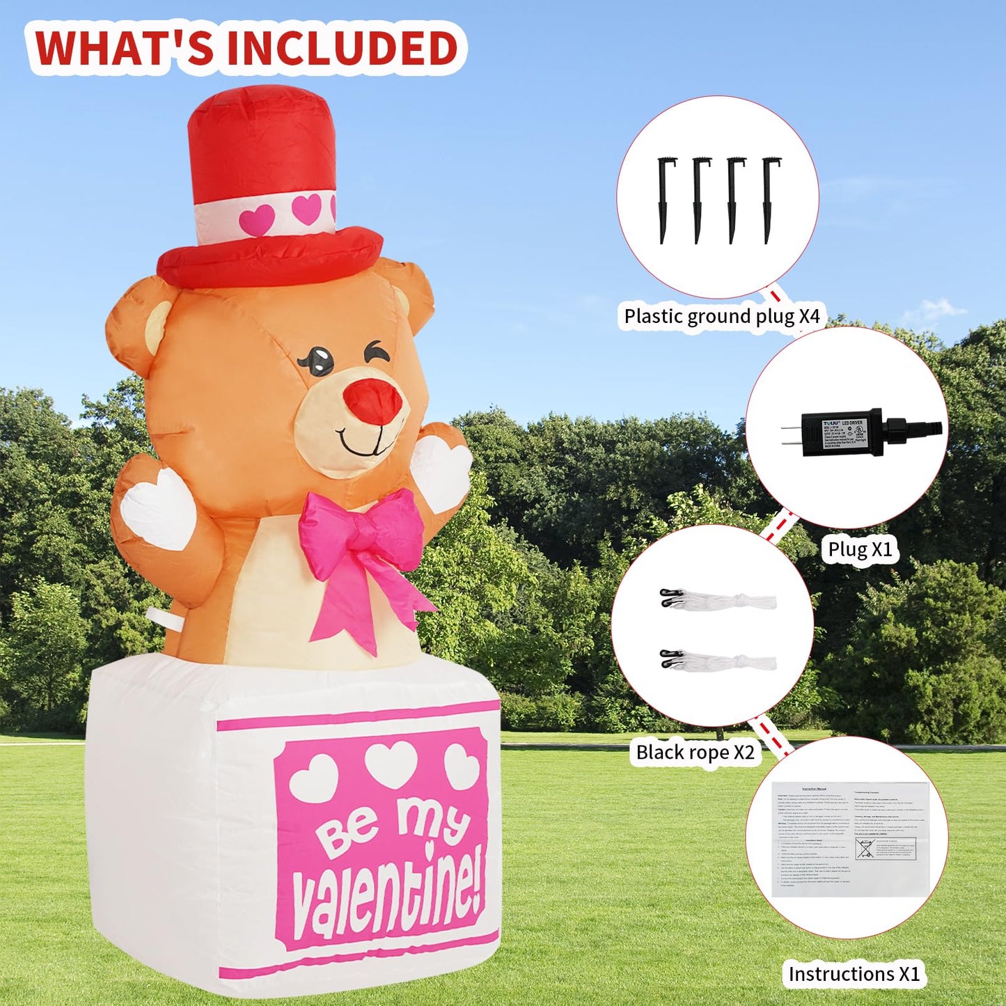 InfleasJoiy 4FT Outdoor Inflatable Decoration with LED Lights, Holiday Celebration Decorations for Yard, Lawn and Patio InfleasJoiy 4FT Bear Standing on Gift Box