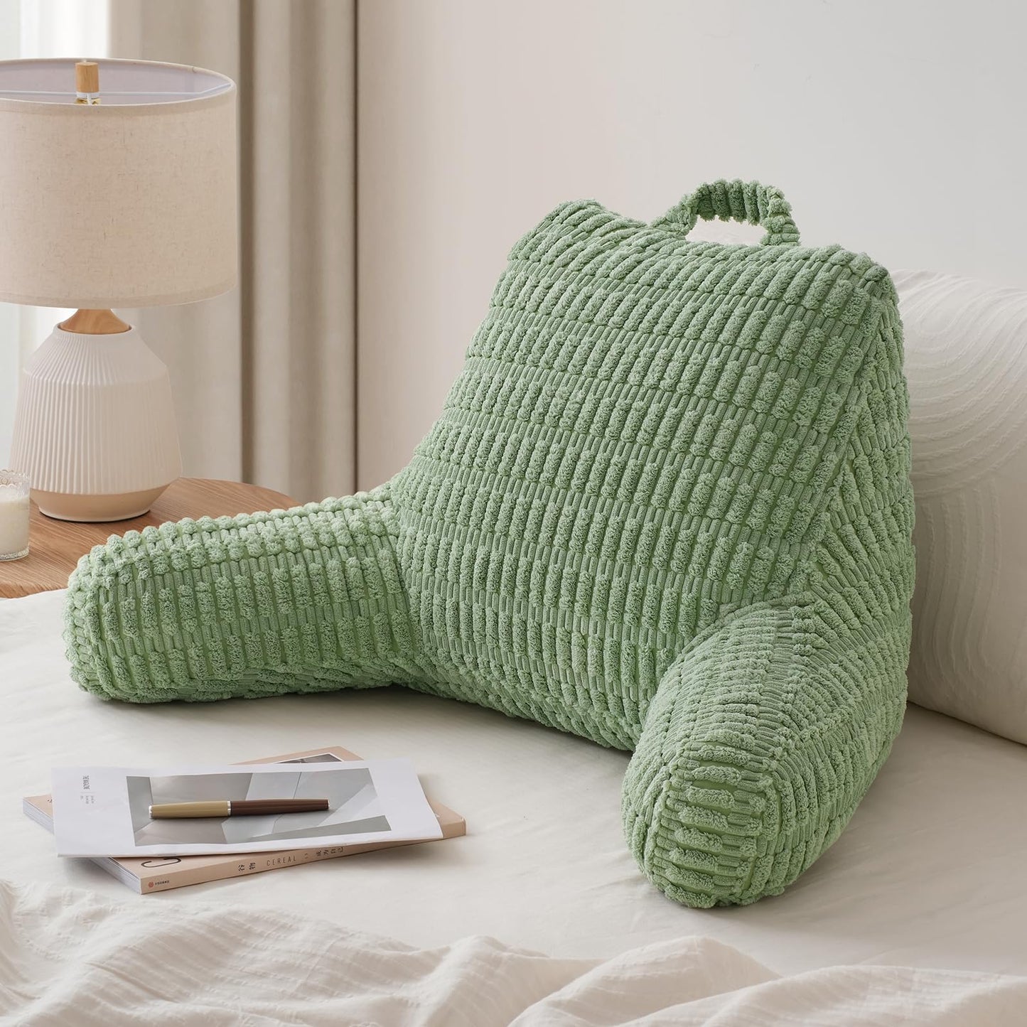 Blissful Diary Reading Pillow, Backrest Pillow with Shredded Memory Foam for Adult & Children, Designed for Bed and Couch Sitting Up, Includes Arms, Pockets and Washable Cover, Sage Green