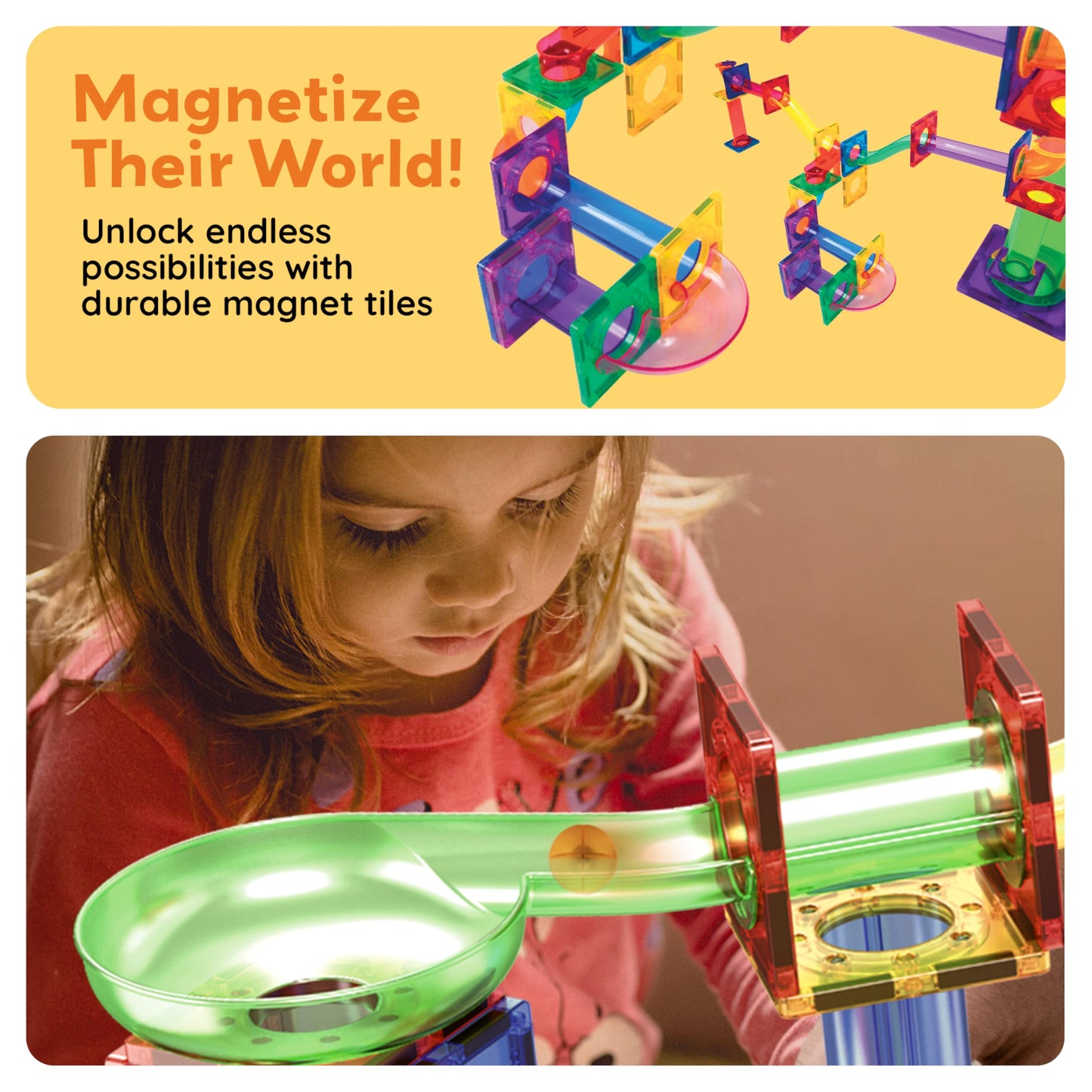 PicassoTiles 108pc Magnetic Marble Run Set with Building Tiles Race Track Car Slides Set STEM Learning Toy 3-in-1 Preschool Construction Kit for Indoor Activity and Development for Kids age 3+ PTG108