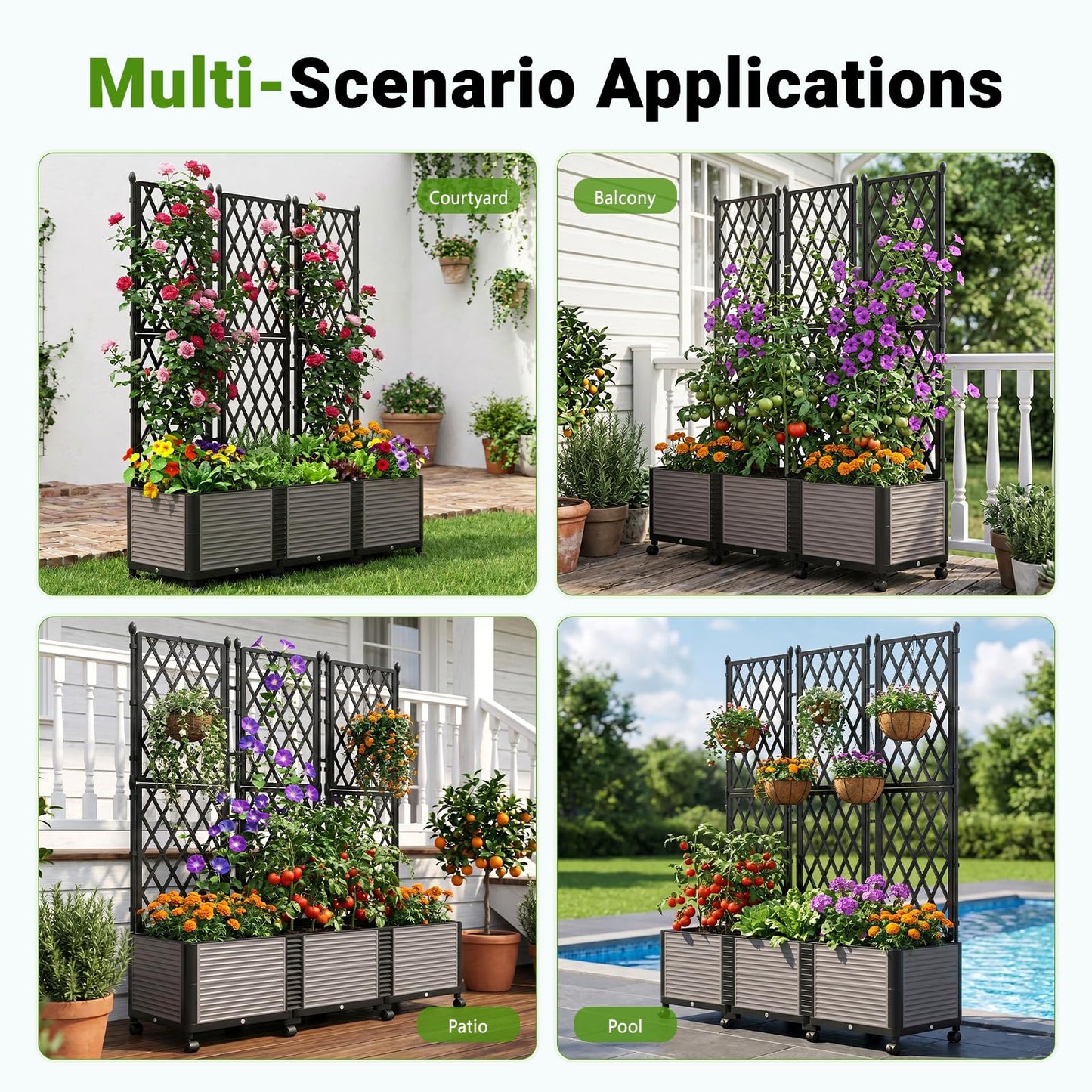 DoCred 63" H Raised Garden Bed Planter Box with Trellis, Floorstanding Vertical Horticulture Planter Box Tomato Cage with Wheels for Vine Climbing Plants, Flowers, Herbs