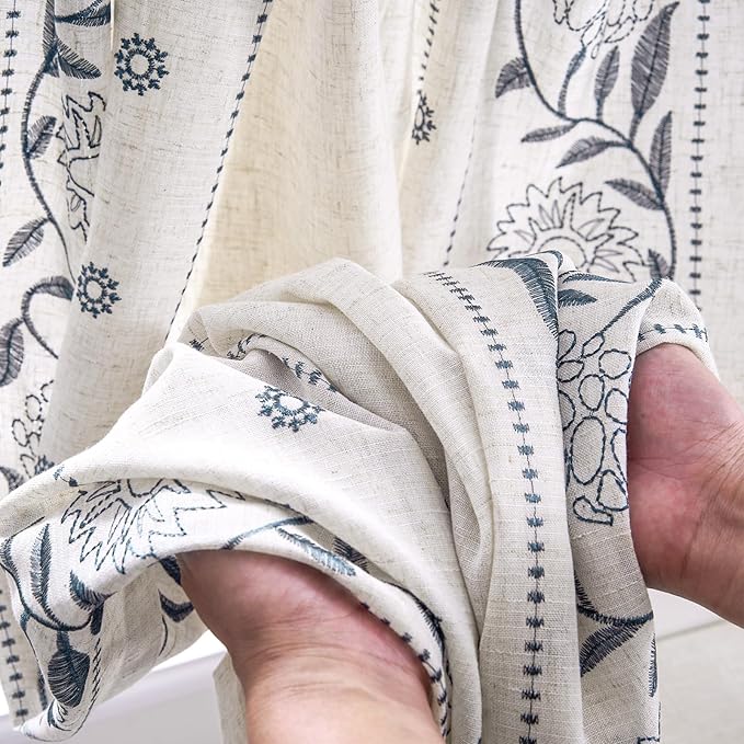 jinchan Winslow Linen Curtains 45 Inch Length Small Window Curtains Embroidered Bordered Floral Drapes Light Filtering for Bathroom Laundry Room Kitchen Farmhouse Decor Blue on Beige 2 Panels