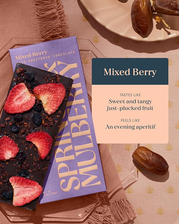Spring & Mulberry Dark Chocolate Bars – Healthy Dark Chocolate, Date-Sweetened - Mixed Berry 3 Pack