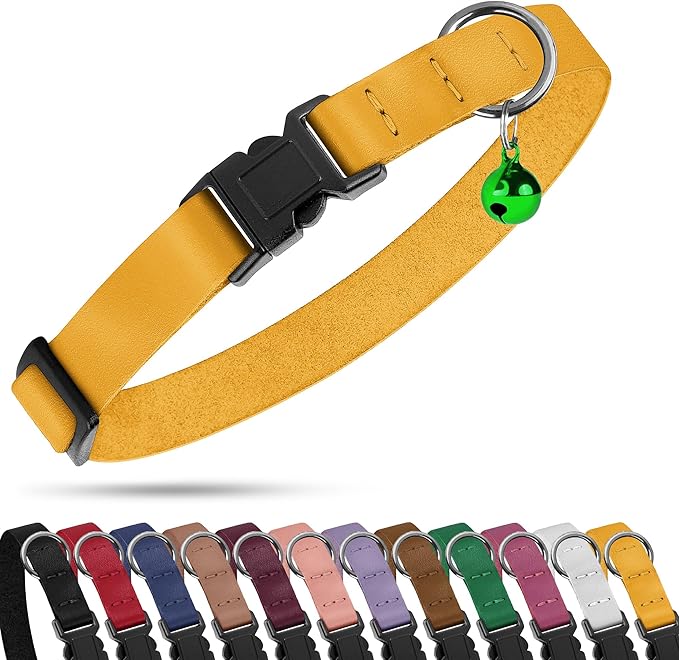 Breakaway Cat Collar with Bell - Leather Adjustable Kitten Collars with Safety Quick Release Buckle - Soft Small Pet Collars for Girl & Boy Cats (Green)