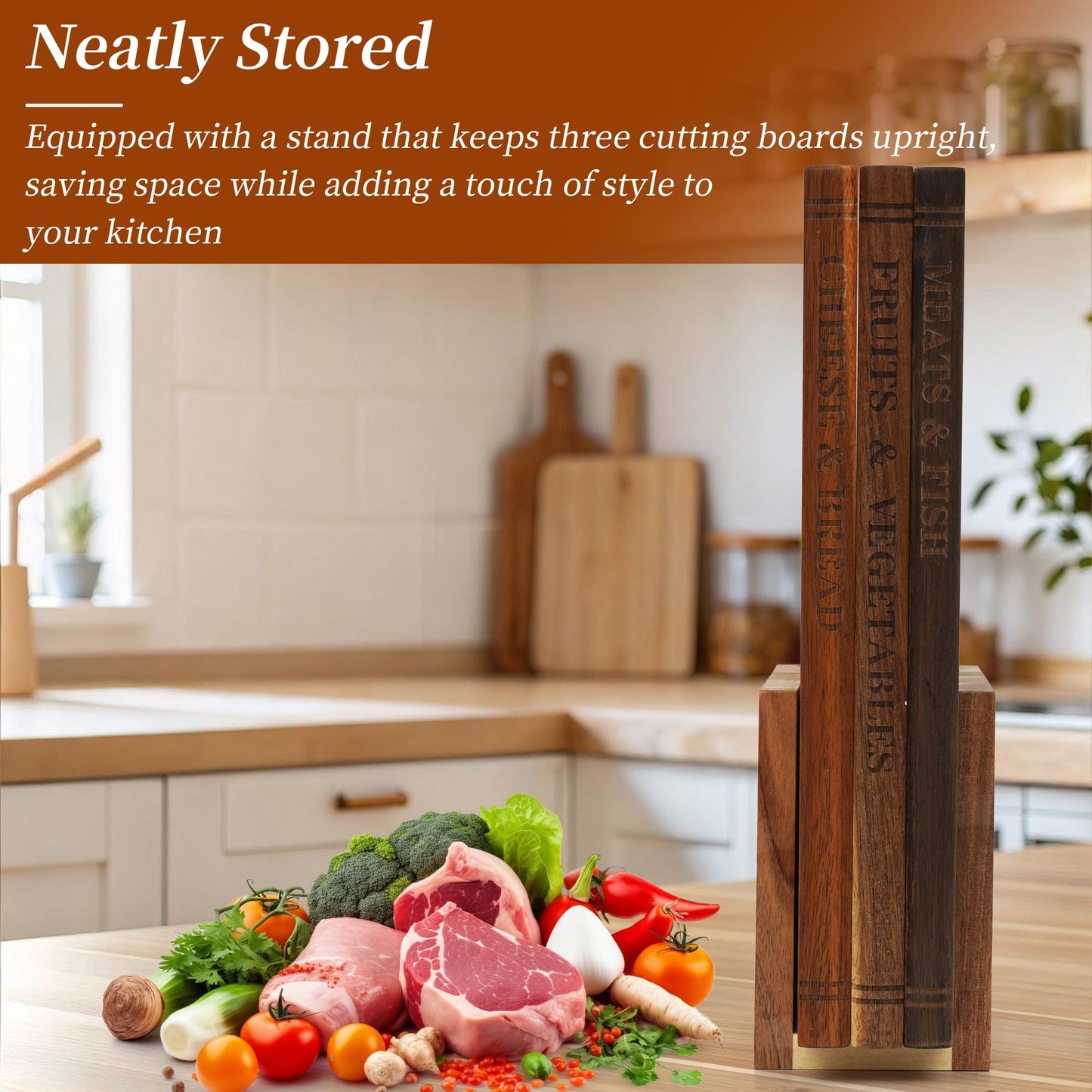 Book Cutting Board Set with Stand, Solid Acacia Book Shaped Cutting Board, 3pcs Bookshelf Cutting Board for Classify the food, Decorative Library Cutting Boards Set, Unique Gift for Book Lovers/Chefs