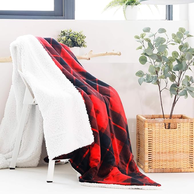 SOCHOW Sherpa Plaid Fleece Throw Blanket, Double-Sided Super Soft Luxurious Bedding Blanket 50 x 60 inches, Red
