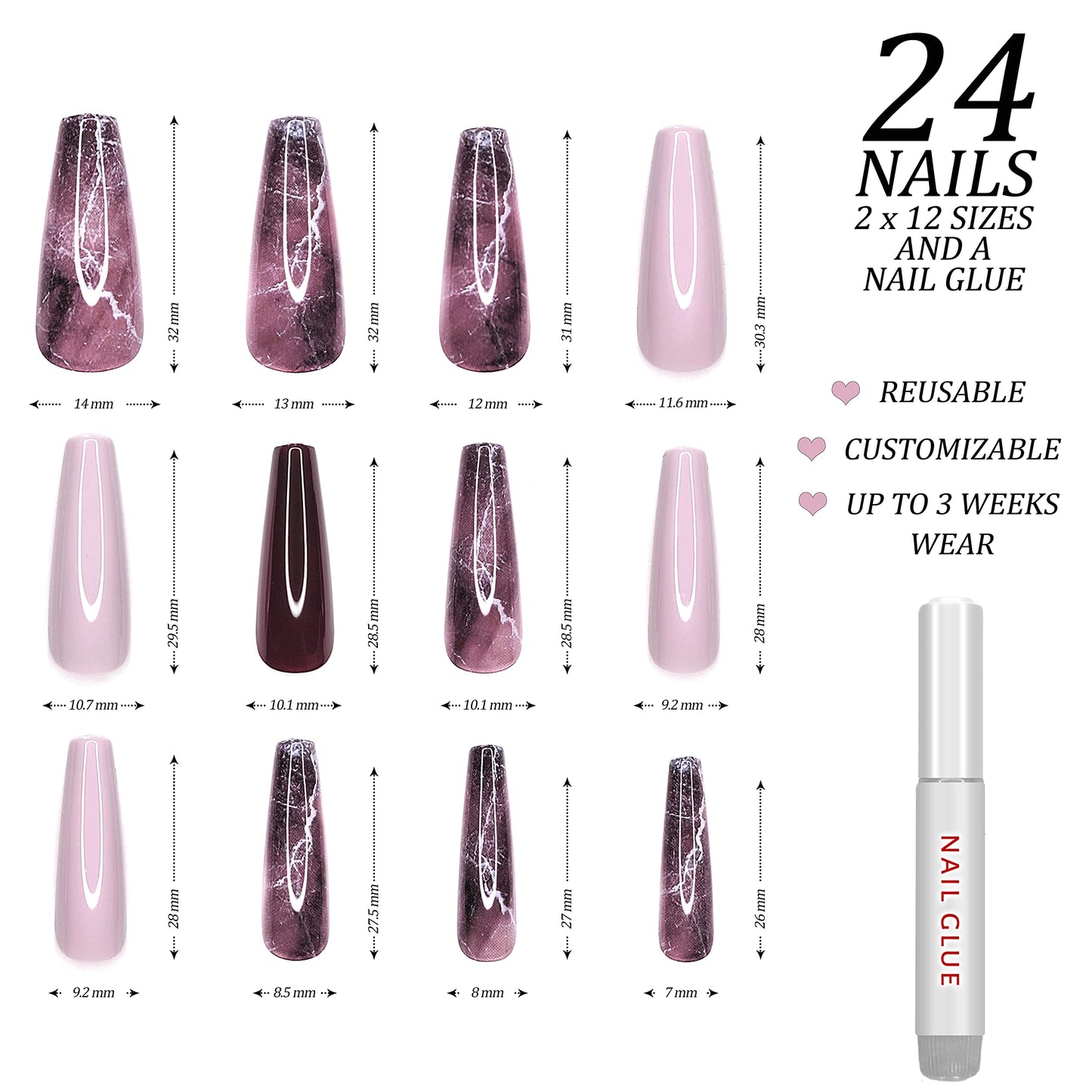 Hypnaughty 24 Pcs Bordeaux Marble Extra Long Coffin Press On Nails and Glue with Light Pink and Solid Bordeaux Reusable XL False Nails (Bordeaux Marble)