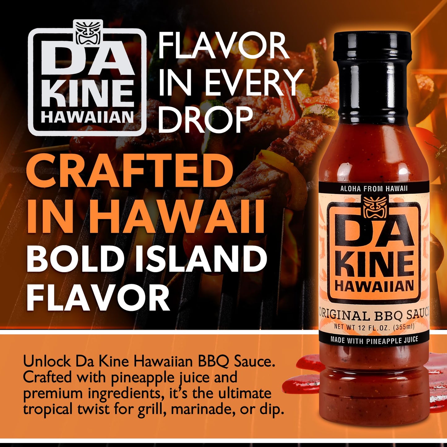 Da Kine Hawaiian BBQ Sauce, Premium Gourmet Barbecue Sauce Made in Small Batches, Gluten-Free BBQ Sauce for Meat, Fish, and Vegetables - Original 12 oz (1 Pack)