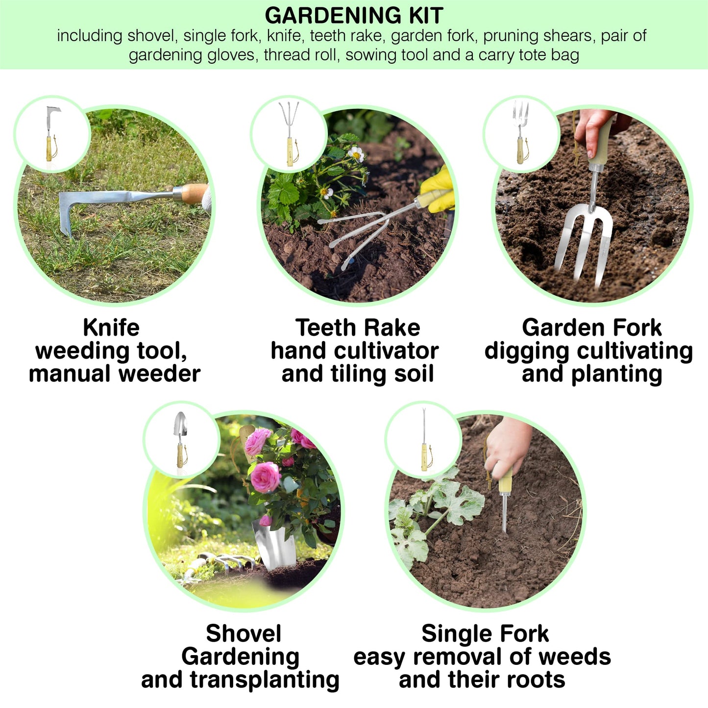 Natury Garden Tools Set – Premium Stainless Steel Gardening Hand Tools with Solid Beechwood Handle – Gardening Kit with Rake, Shovel, Gloves, Shears, Tool Organizer – Garden Gifts for Women and Men