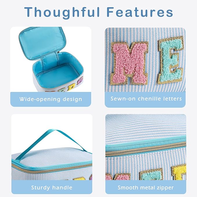 uekeboag Personalized Chenille Letter Seersucker MEDS Makeup Bag,Large Size Medicine RX Cosmetic Bag with Top Handle, First Aid Travel Organizer Bag for Women Girls(01Blue)