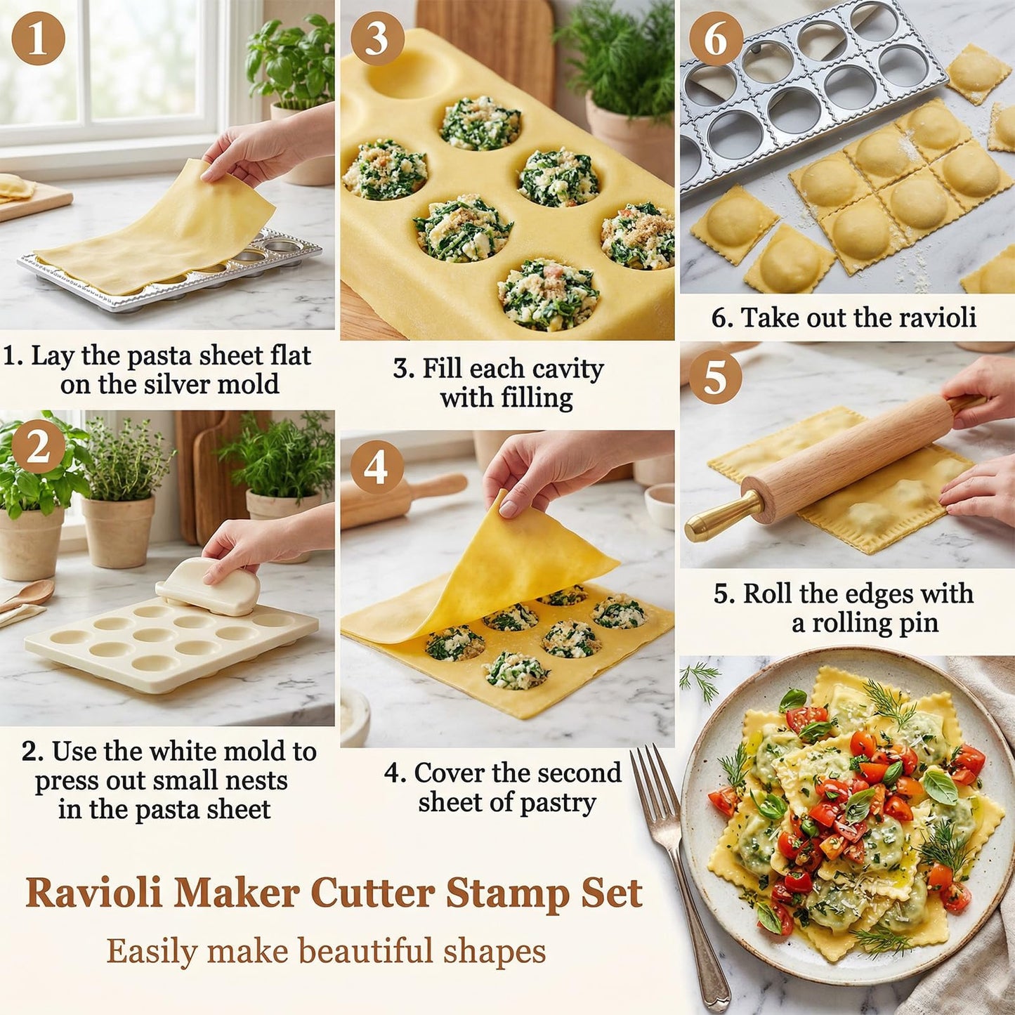 Kegeeei 5 Pcs Ravioli Mold Set, Ravioli Maker Cutter with 12 Holes Ravioli Press, 3 Shape Cutters & Wood Rolling Pin for Pasta, Dumpling, Meat Pie Making - Complete Kitchen Tool Kit