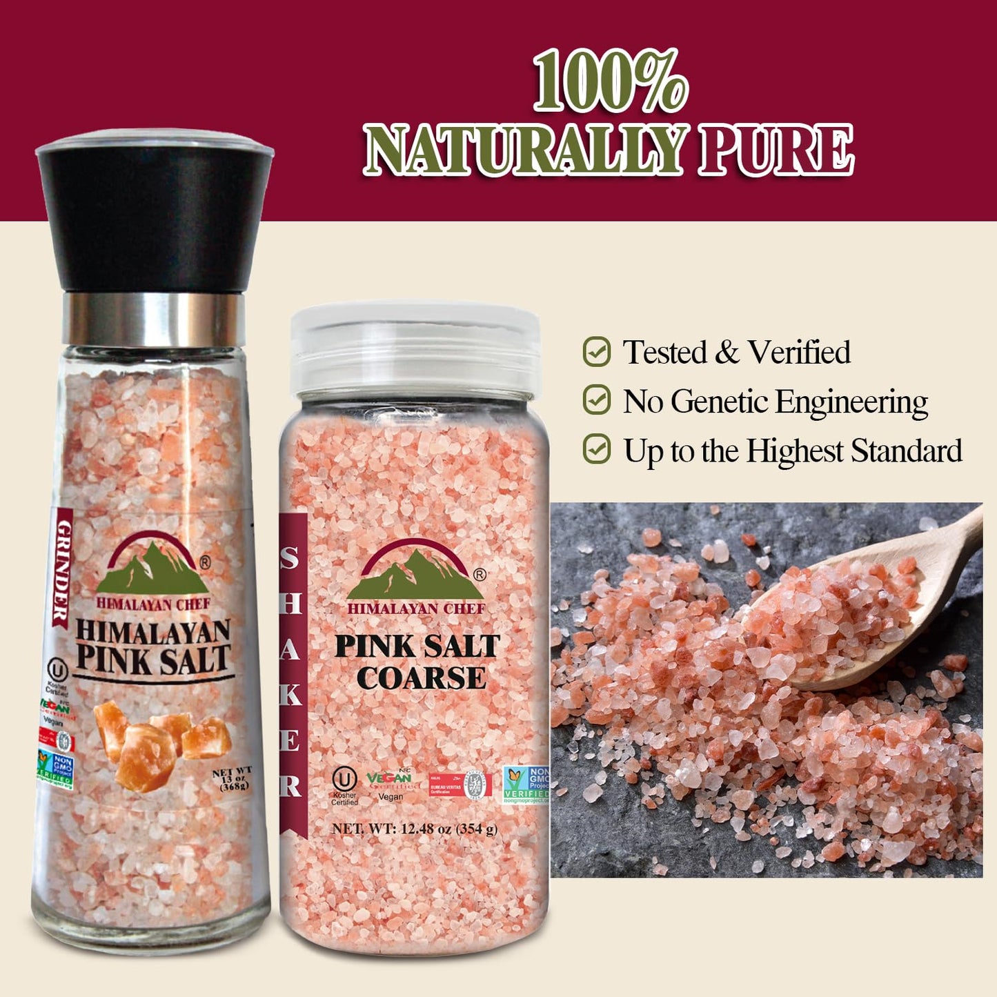 Himalayan Chef Himalayan Pink Salt Grinder & Pink Salt Shaker Refill Adjustable Grinder - Salt Mill and Salt Shaker | Set of 2