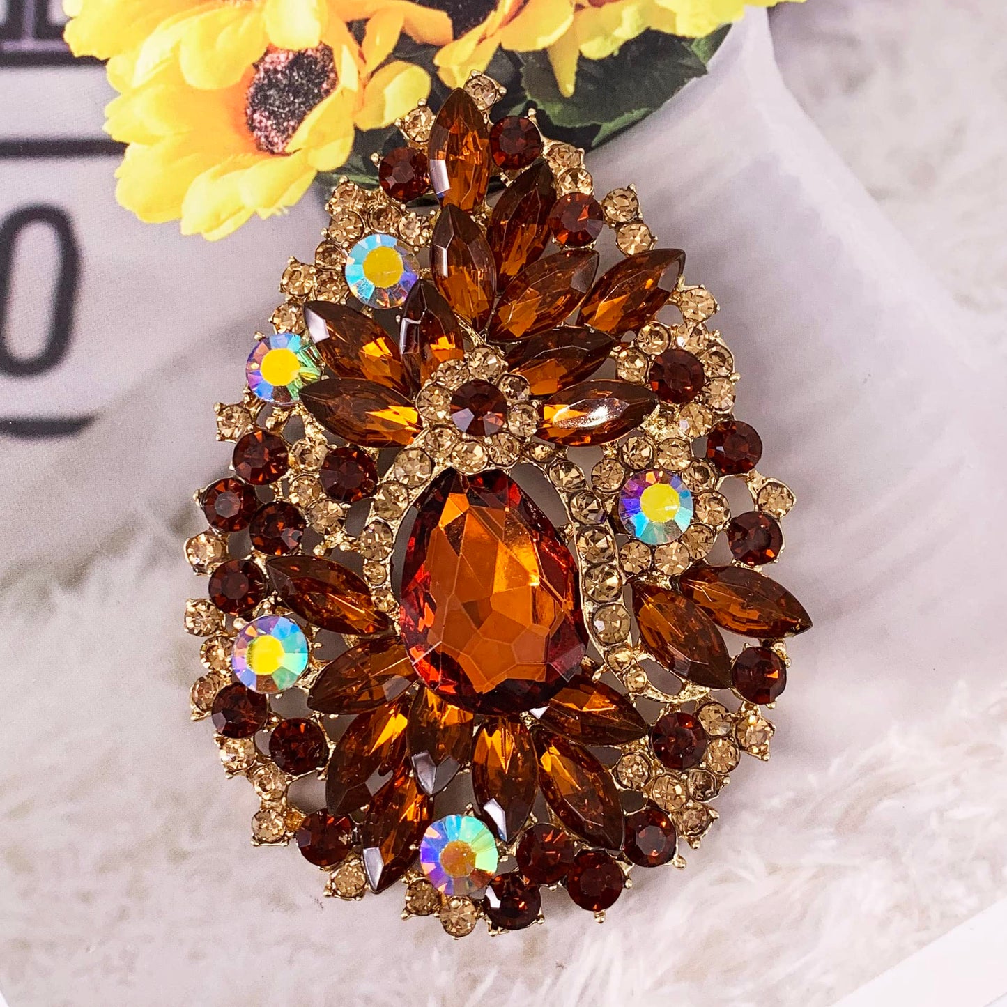 SELOVO Huge Big Large Flower Statement Brooches and Pins Scarf Decoration Gold Tone (Brown)