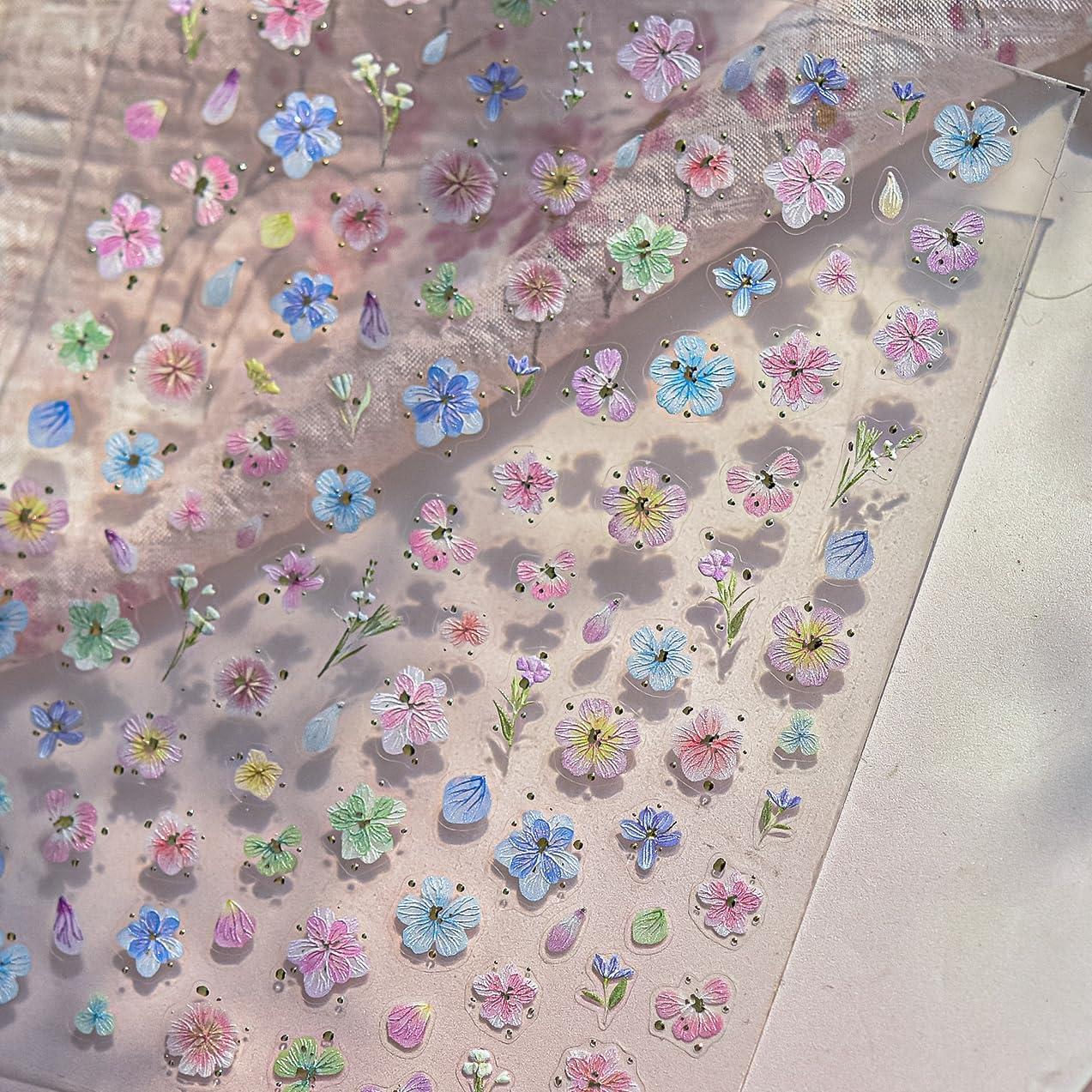 Phuryllic 3D Nail Stickers for Nail Art, Embossed Self-Adhesive Cute Nail Charms & Decals for DIY Nails, Easy-to-Apply Nail Design Supplies & Accessories for Home Manicure-Pink&Blue Flower