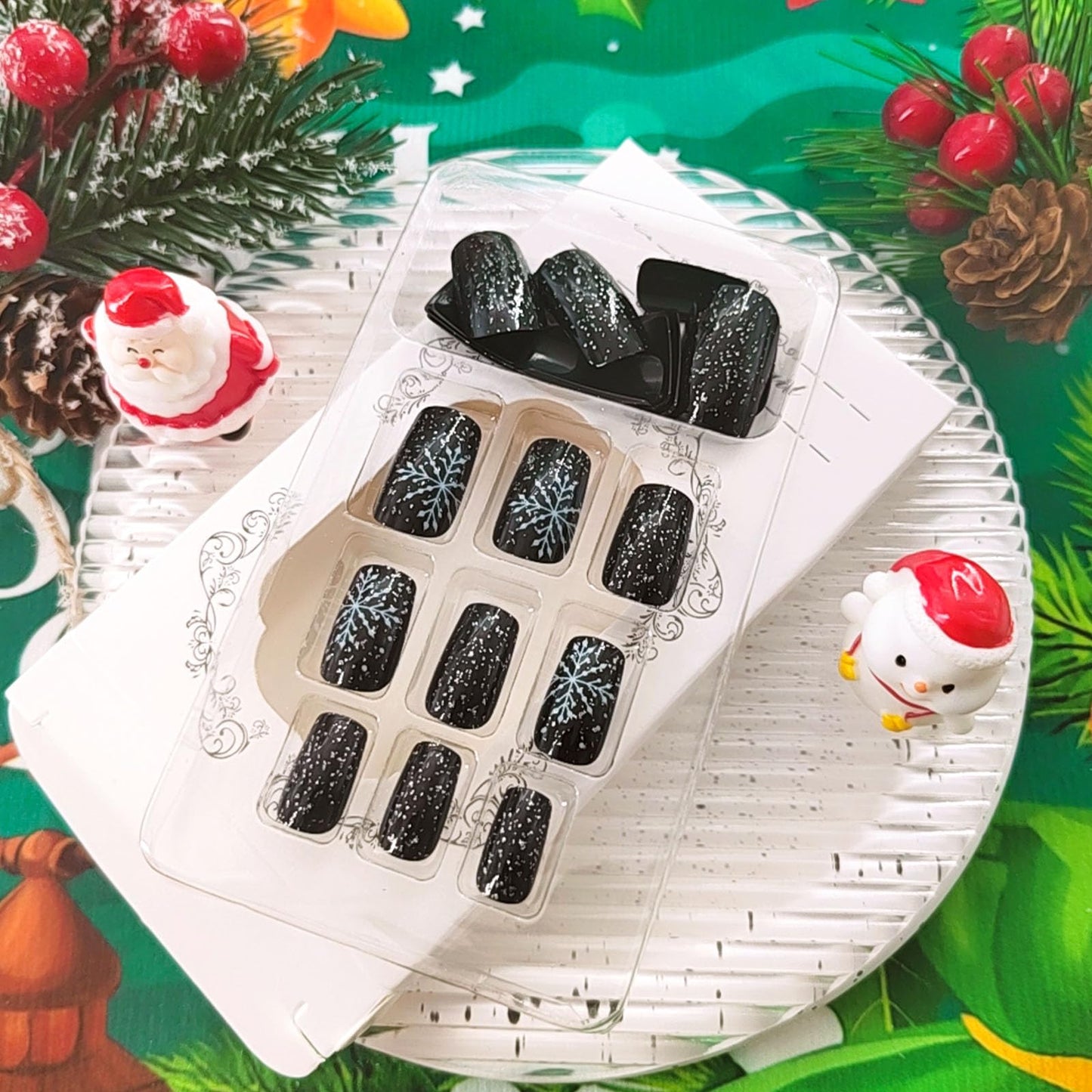 Snowflake Press on Nails Medium Square Christmas Black Fake Nails Christmas Nails Press ons Full Cover Glossy Artificial Nails Acrylic Nails Winter Stick on Nails Xmas Glue on Nails for Women 24 Pcs