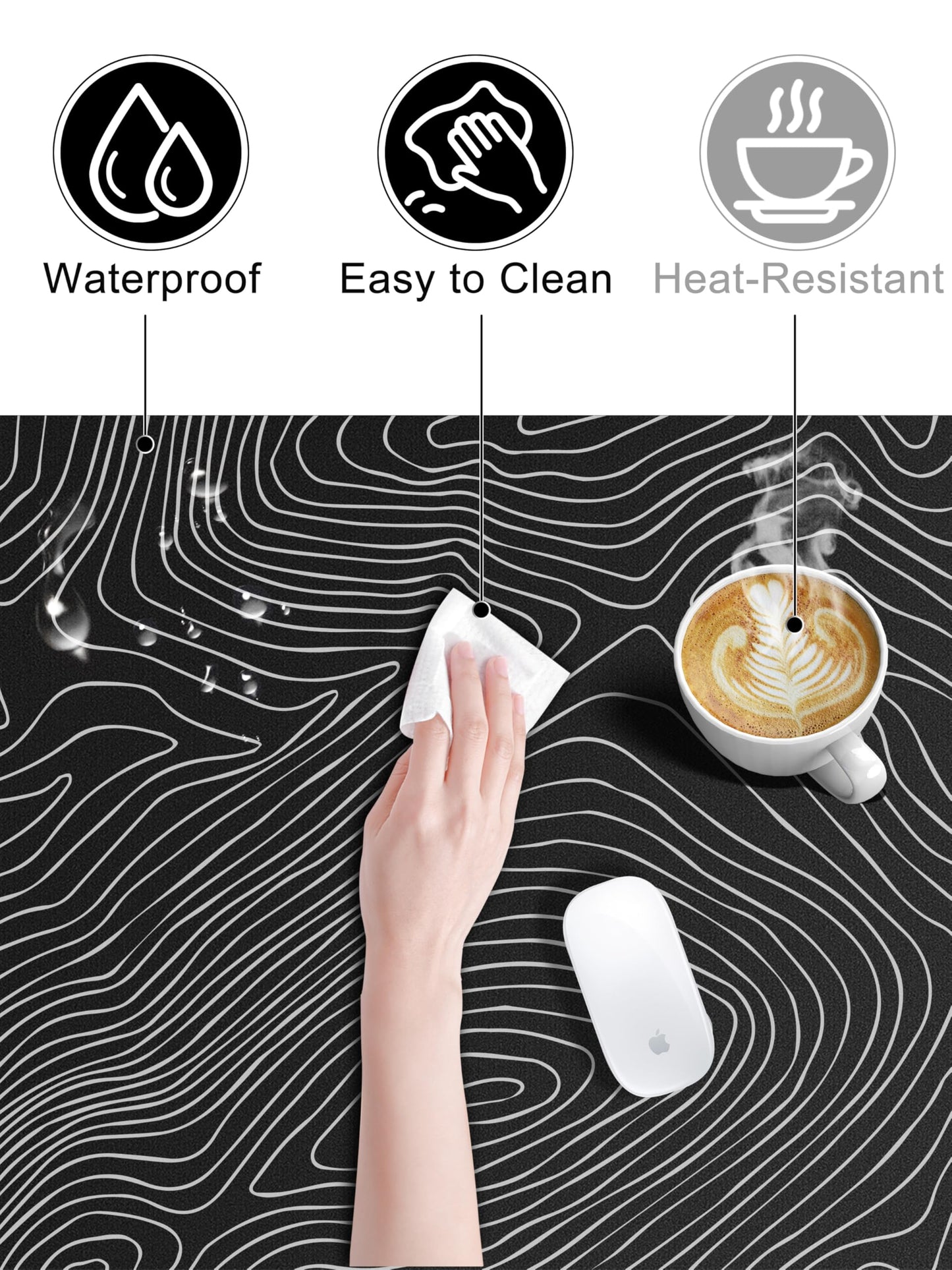 TopMade Mouse Pad with 15W Fast Wireless Charging, 31.5"x15.75" XXL Large Gaming Waterproof Desk Pad with Ultra-Smooth Surface, Non-Slip Base, Computer Desk Mat, Black Topographic Map #1