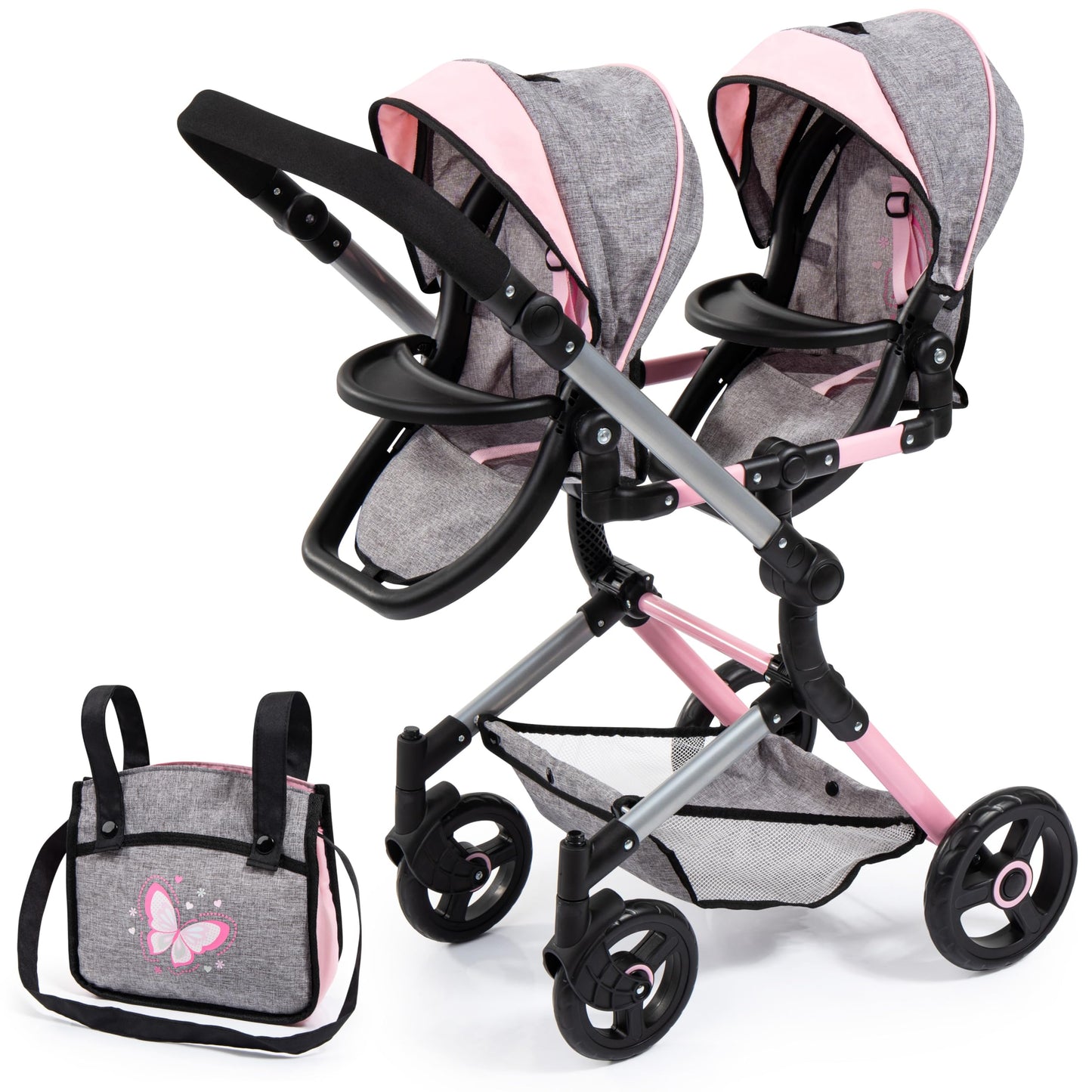 Bayer Twin Doll Pram Neo, Grey, Pink with Butterfly, Jean Look