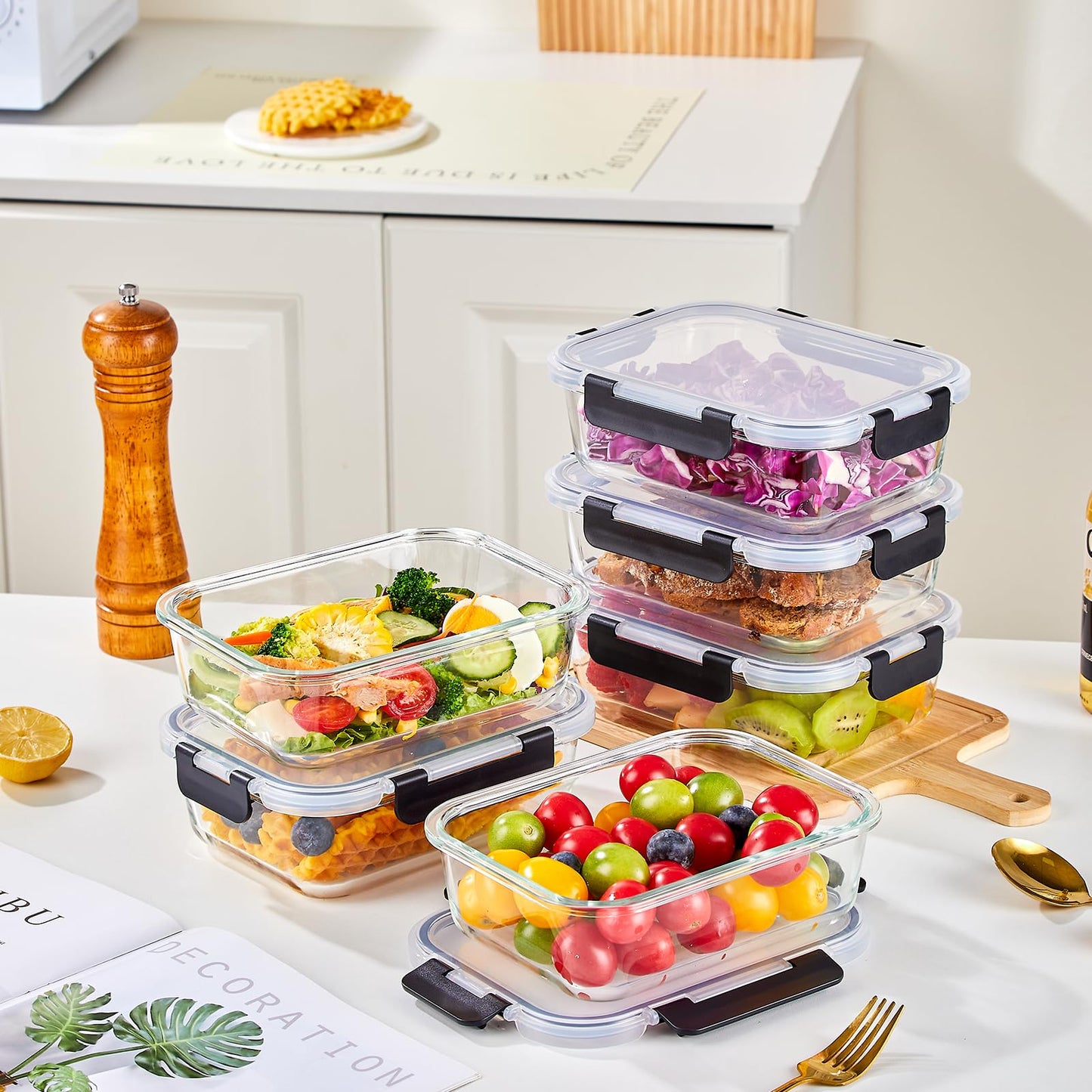 Liuruiyu 8 Pack 36OZ Glass Food Storage Containers with Lids, Meal Prep Containers, Airtight Bento Boxes with Leak Proof Locking for Microwave, Oven, Freezer and Dishwasher, BPA Free