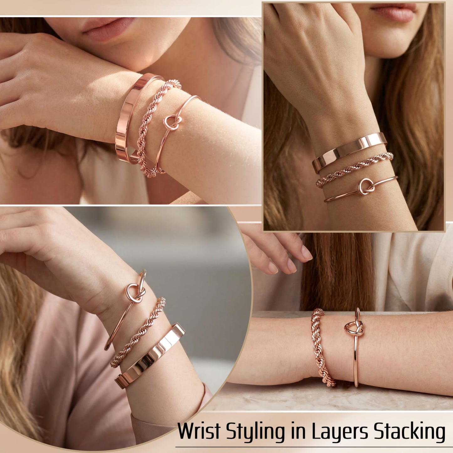Poxtex Rose Gold Bangle Bracelets Stack for Women, Rose Gold Cuff Link Chain Bracelets Set, Trendy Waterproof Jewelry Gifts Adjustable