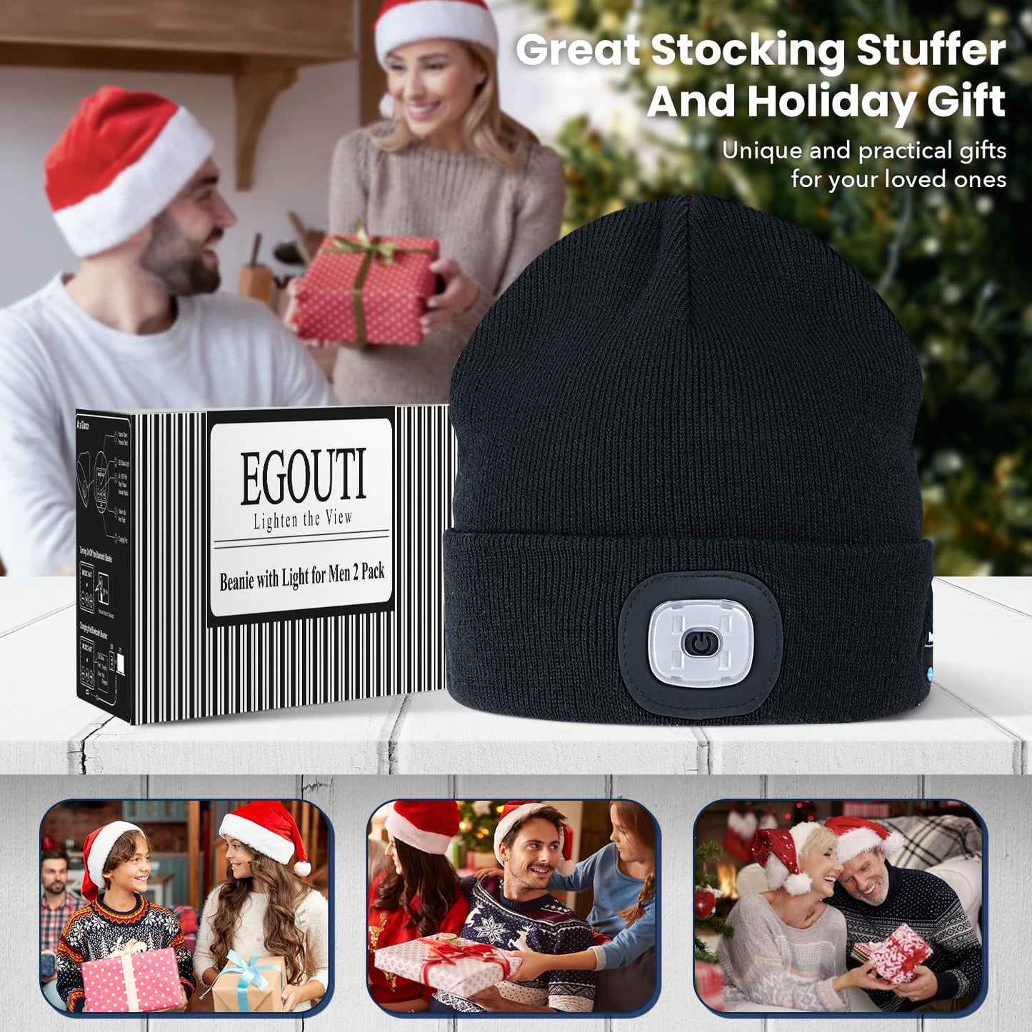Bluetooth Beanie Hat with Light for Men 2 Pack, LED Beanie with Light Built in Unisex USB Rechargeable, Headlamp Cap with Wireless Headphones Built-in Speaker Mic Gifts for Men Dad Teen (Black+Orange)