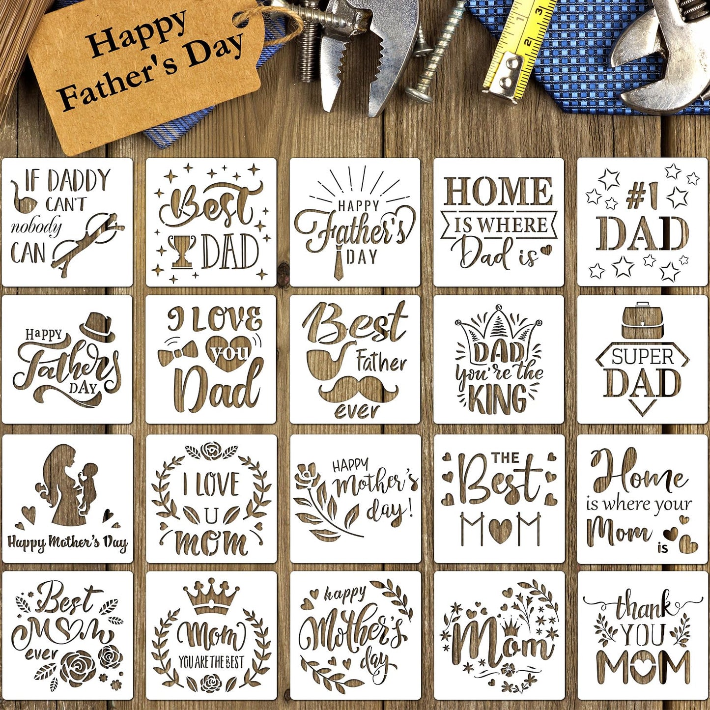 20 Pieces Happy Father's Days Stencils Fathers Gift Mother's Day Stencils 6 x 6 Inch Decorative Letter Painting Stencil Templates Reusable Stencil for Scrap DIY Crafts Booking for Home Decor