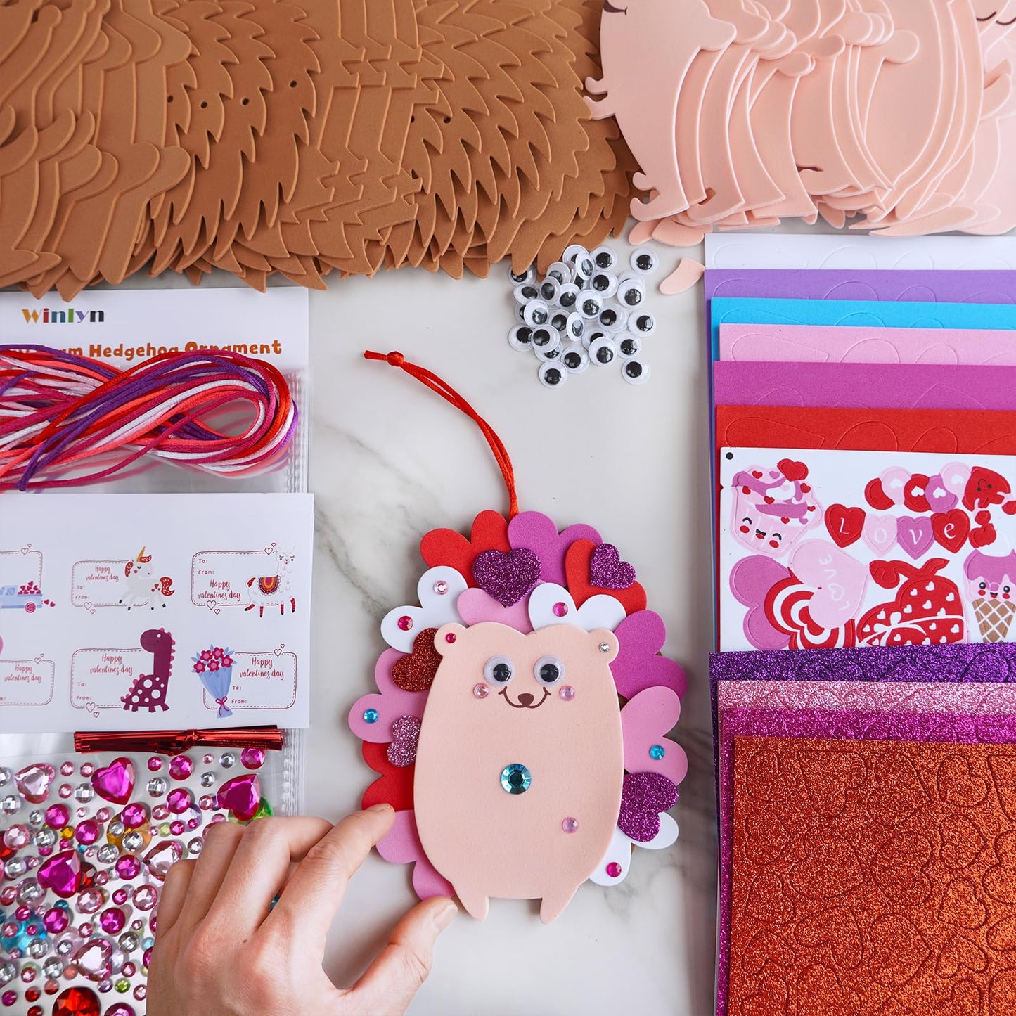 Winlyn 24 Sets Heart Hedgehog Ornaments Decorations Valentine Crafts Kits Hedgehog Art Sets Heart Foam Valentine Stickers for Kids Party Classroom Activities Gift Exchange