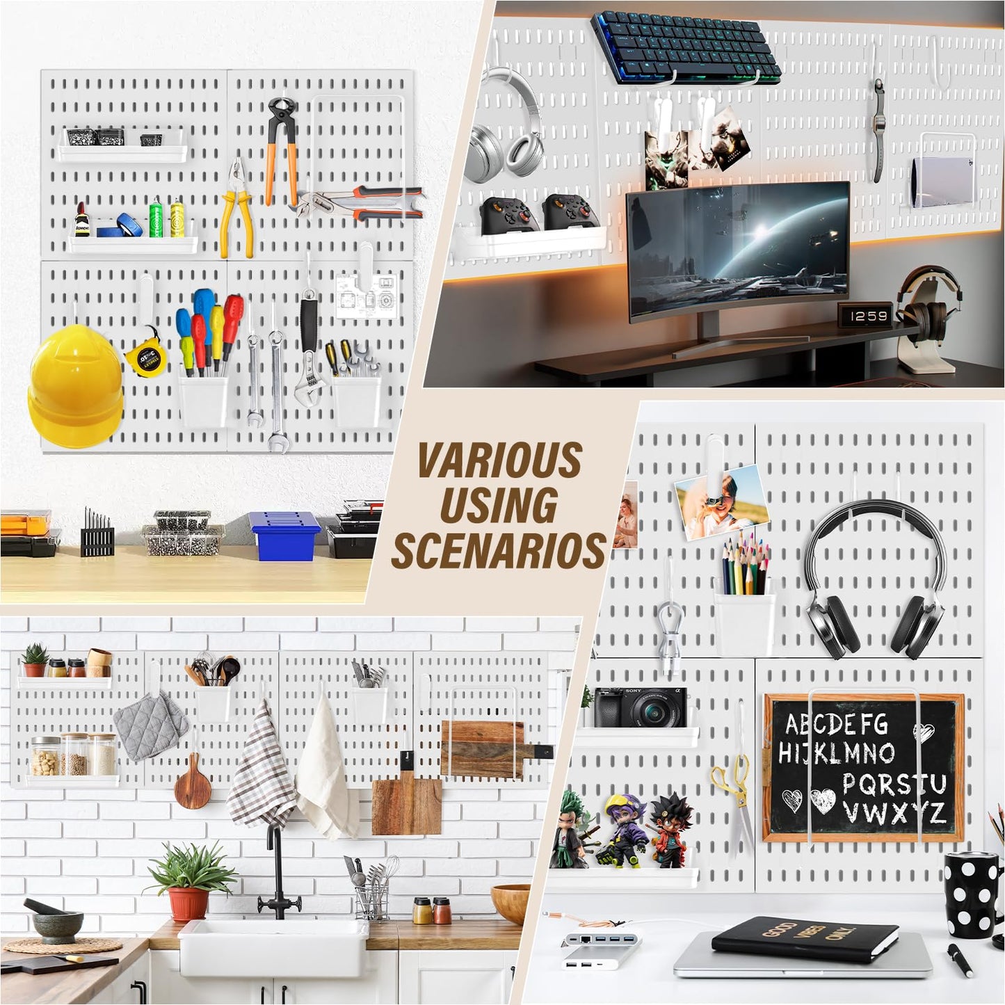 AKTOP Peg Board Wall Organizer 4-Pack – 12"x12" White Pegboard Combination Kit with 13 Accessories for Wall, Plastic Peg Board Panels for Home, Office, Garage Tool Storage & Craft Room