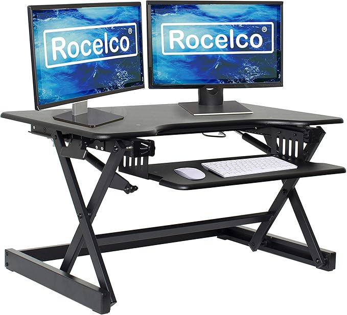 Rocelco 32" Height Adjustable Standing Desk Converter - Sit Stand Computer Workstation Riser - Dual Monitor Retractable Keyboard Tray Gas Spring Assist - Black (R EADRB2)